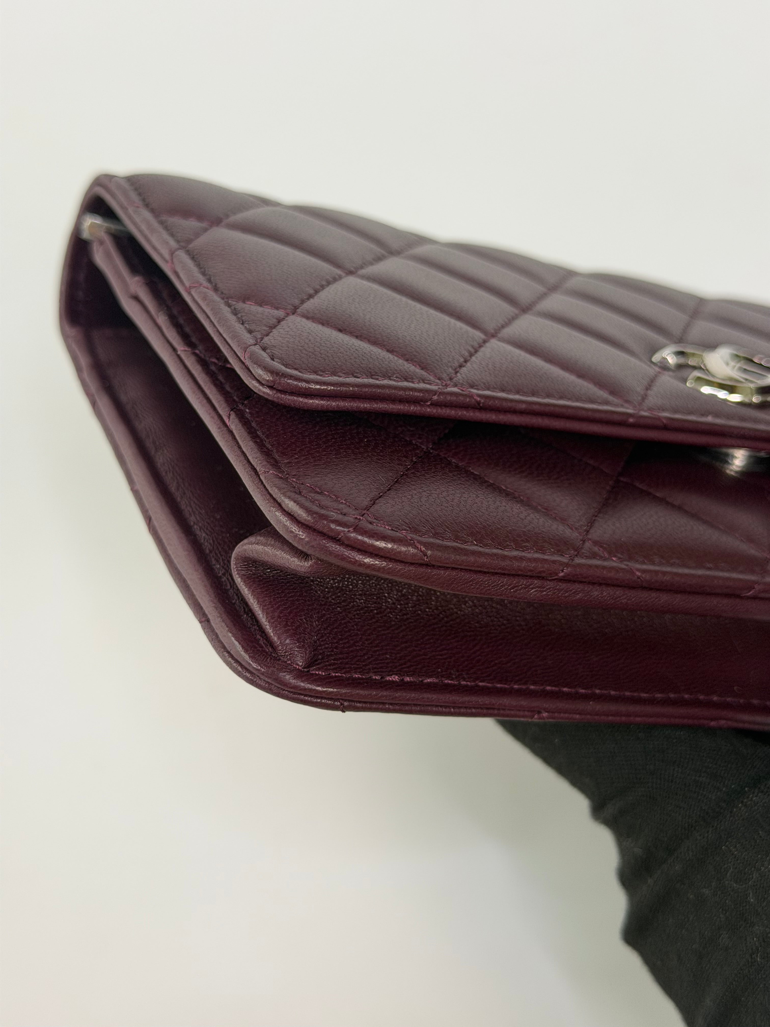 Chanel Wallet On Chain In Burgundy Lambskin With Silver Hardware. Authentic and preloved in excellent condition. 100% Guarantee