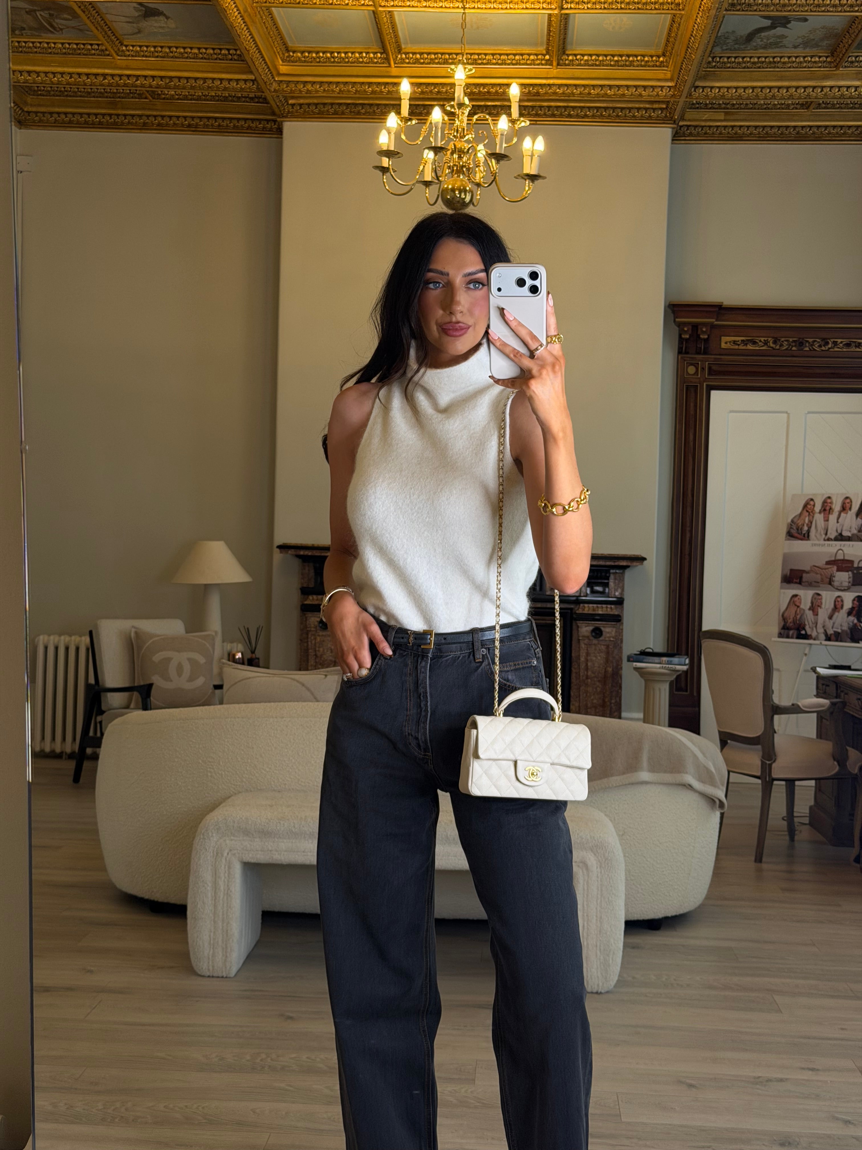 Chanel Mini Rectangle Top Handle In Ecru Caviar With Gold hardware, authentic and preloved in excellent condition