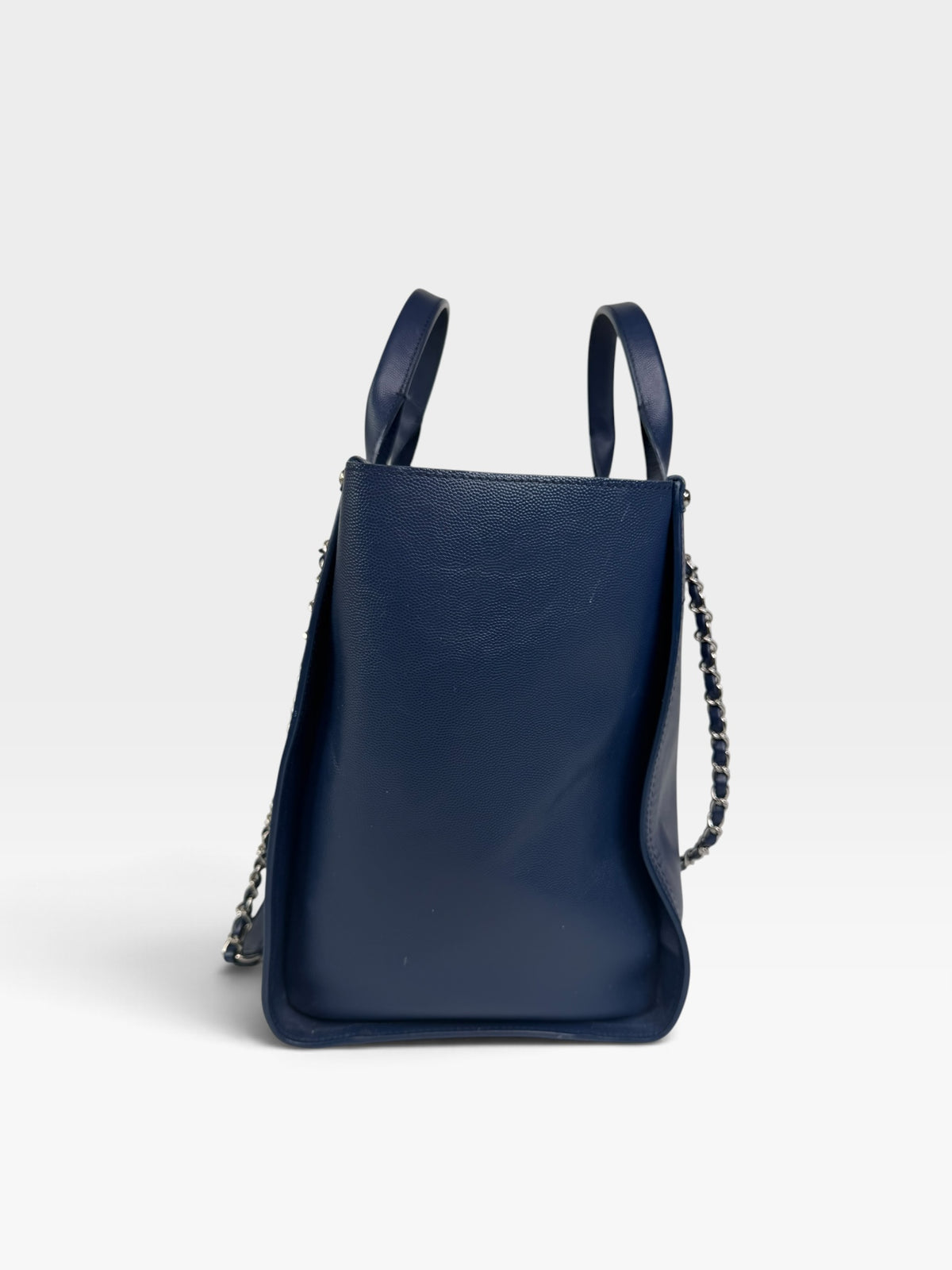 Chanel Medium Deauville In Blue Leather With Silver Hardware. Authentic and preloved in very good condition. 100% Luxe guarantee