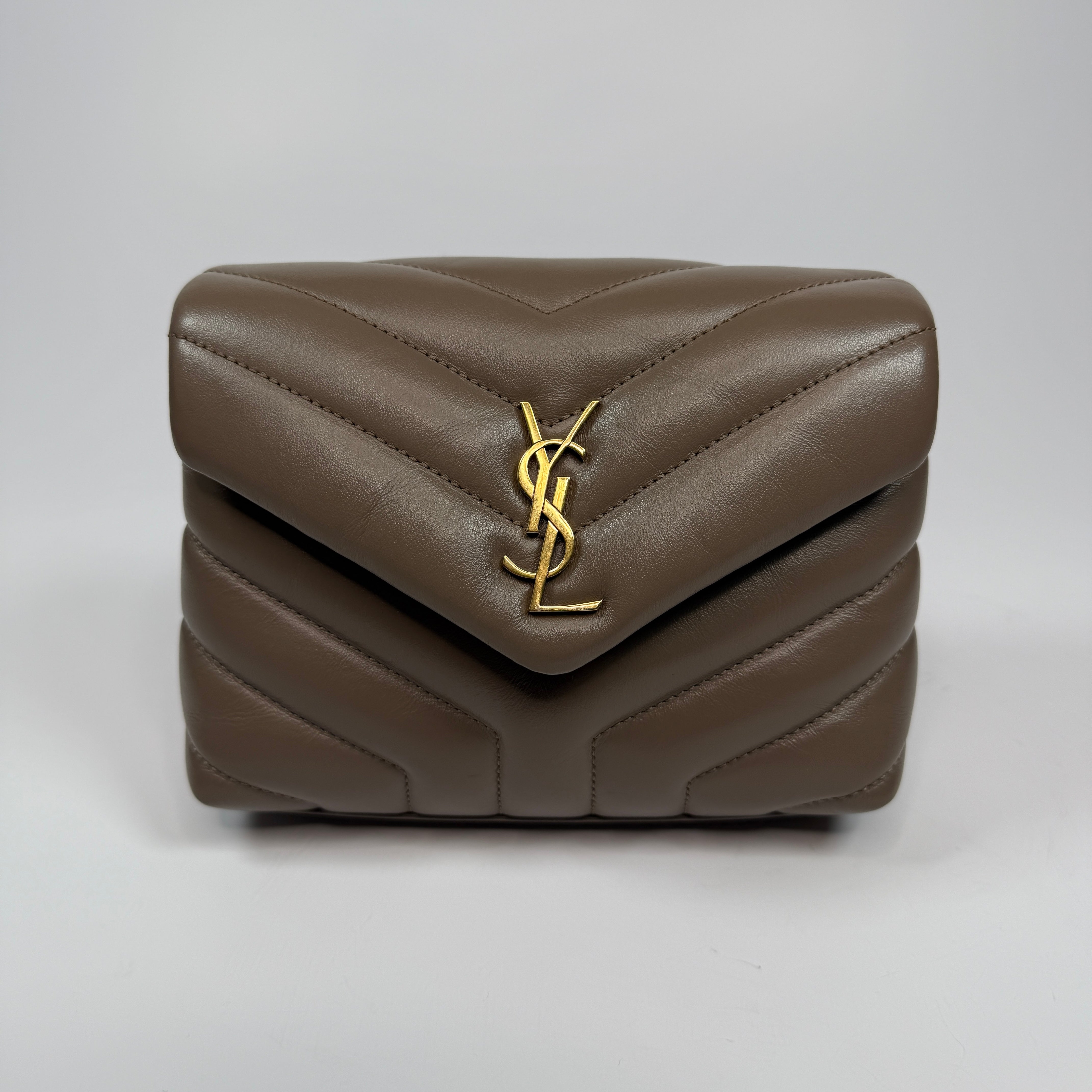 Saint Laurent Loulou Toy Bag in taupe leather with gold hardware Authentic preloved condition