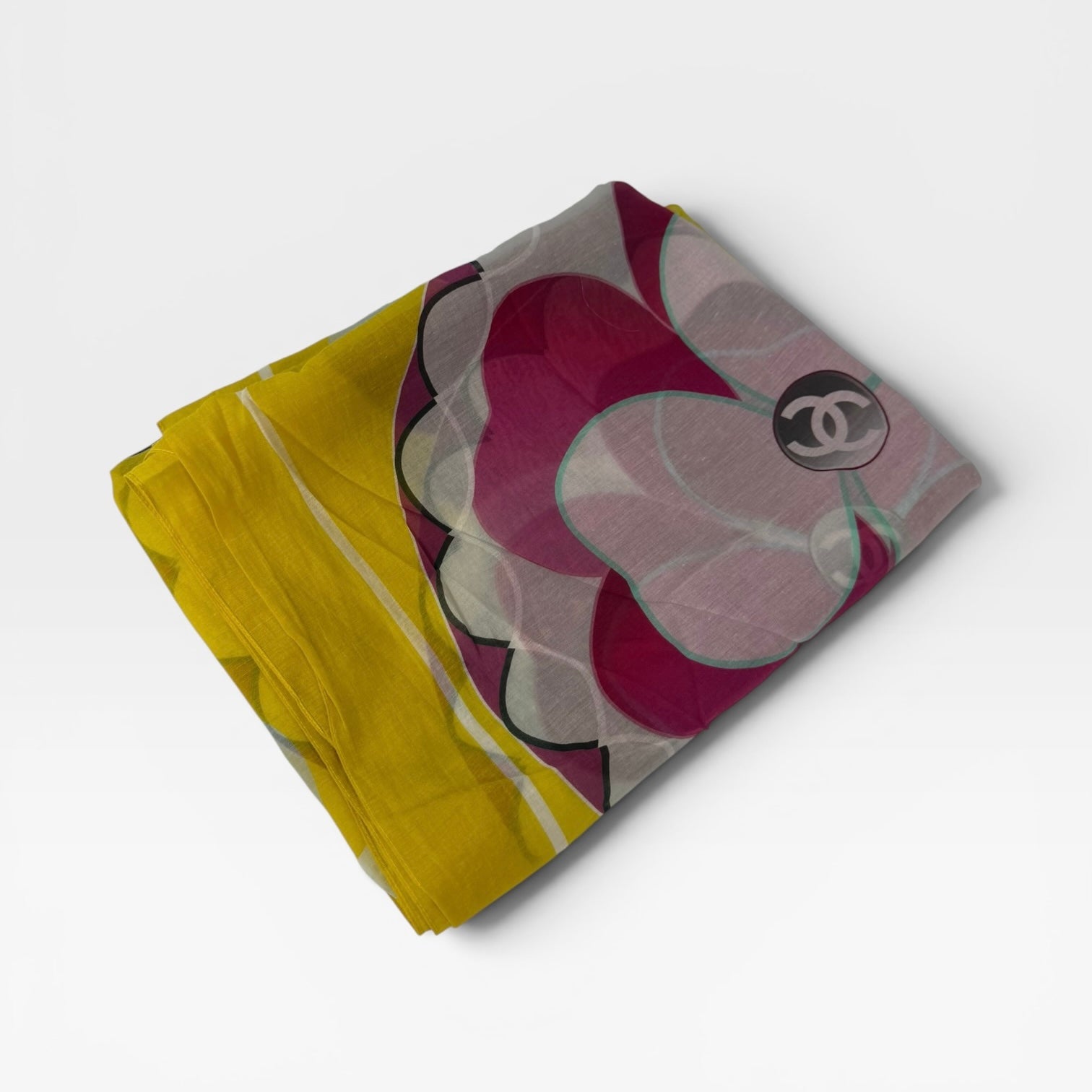 Chanel CC Floral Logo Shawl In Yellow Multicolour. 100% authentic and preloved in excellent condition