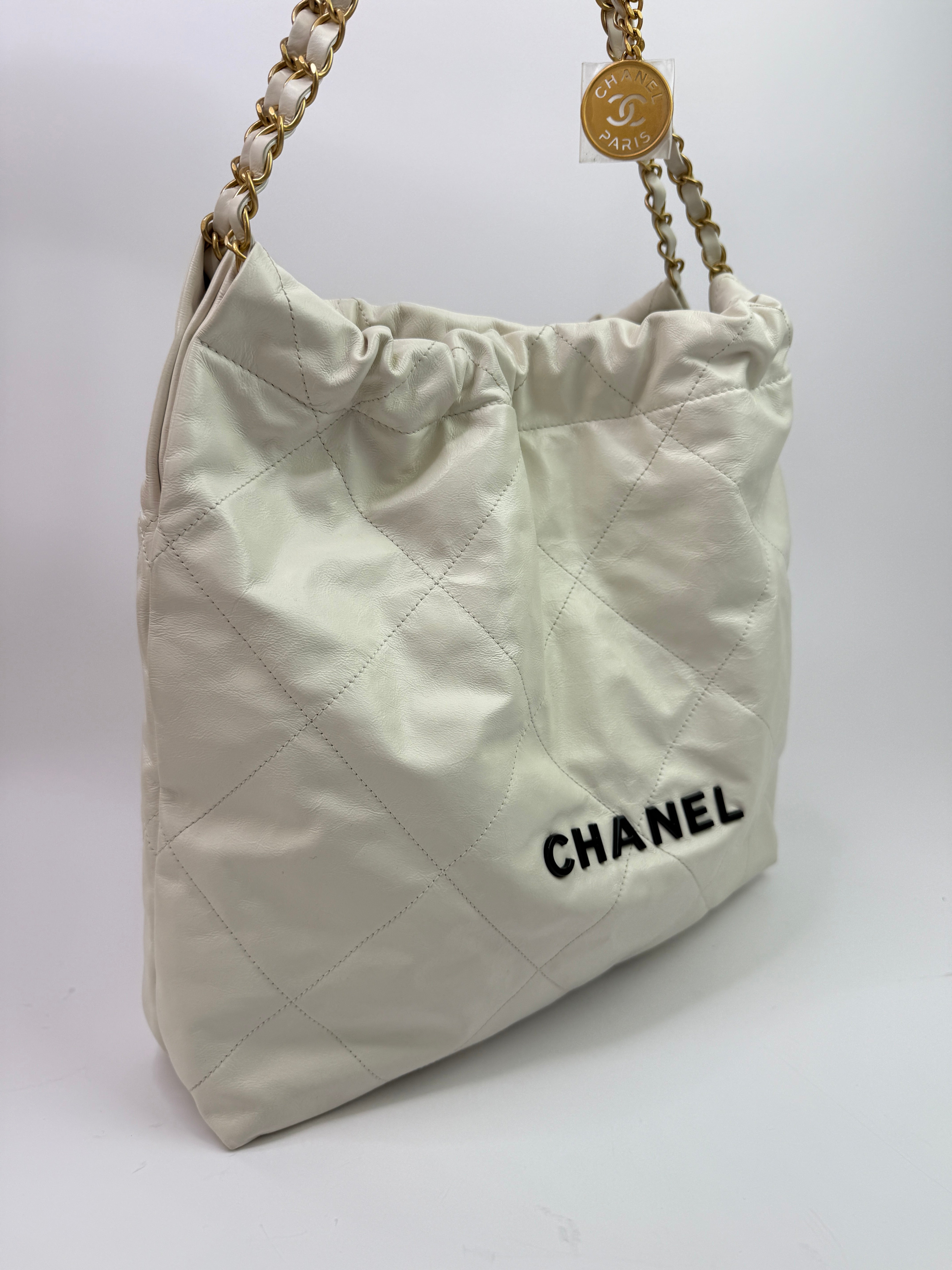 Chanel 22 Medium In White Calfskin Leather With GHW