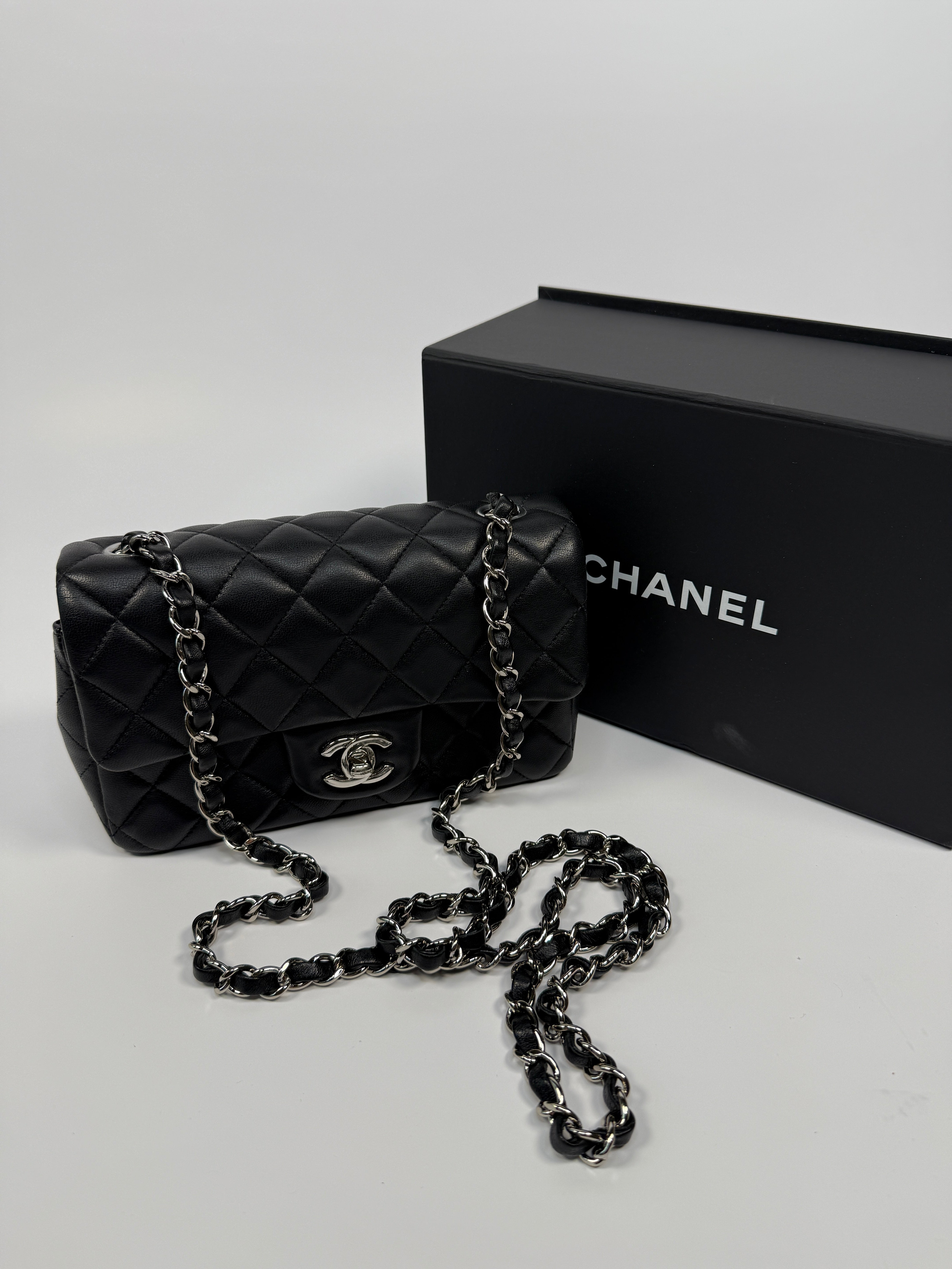 Chanel Mini Rectangle In Black Lambskin Silver hardware, authentic and preloved in very good condition