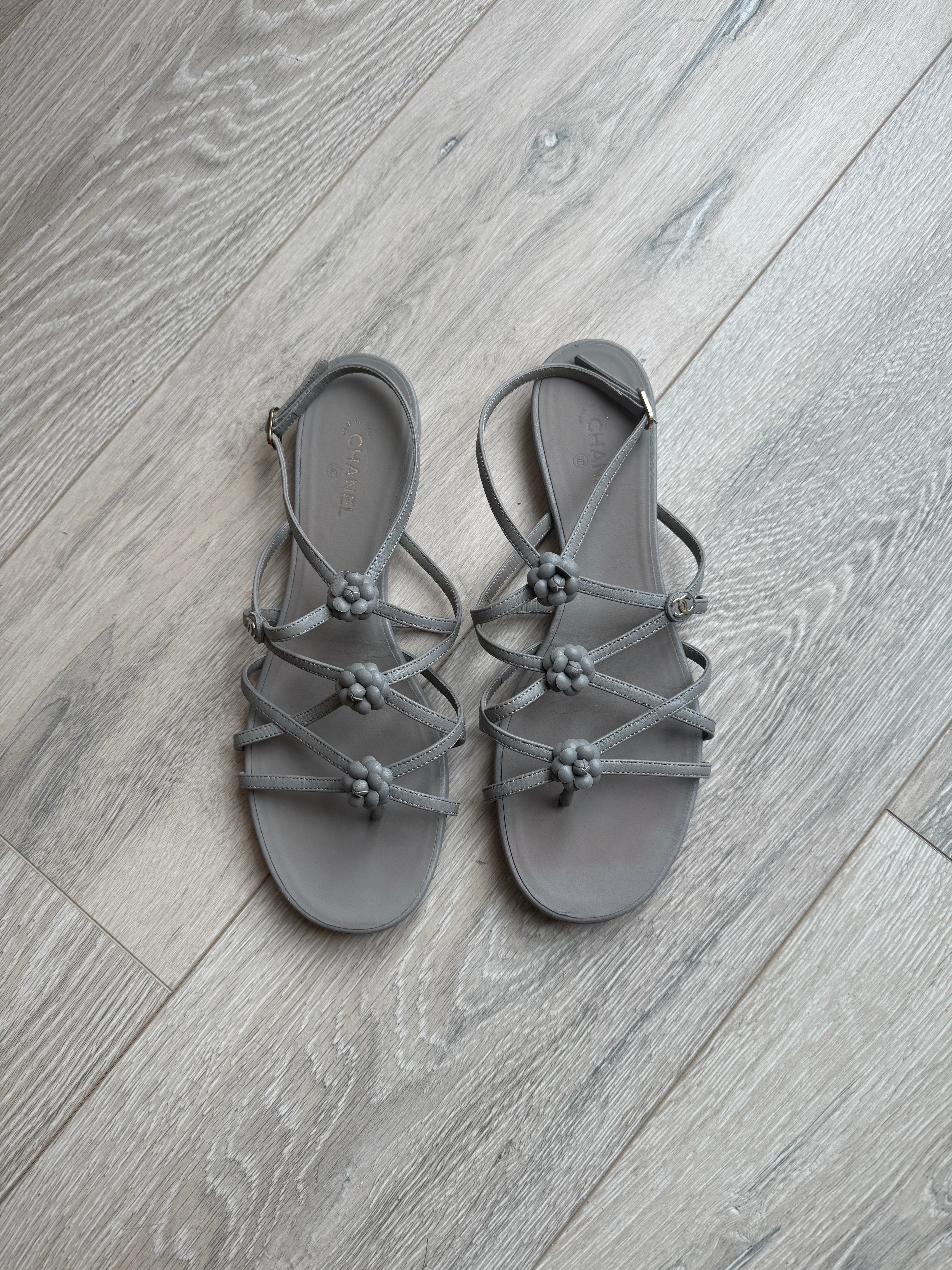 Chanel Camellia Sandals In Grey Leather Size 39.5/UK6.5