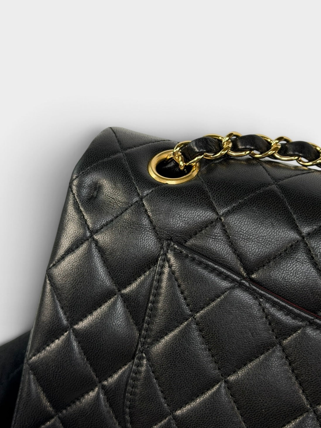 Chanel Medium Classic Double Flap In Black Lambskin Leather With Gold Hardware. 100% authentic and preloved in excellent condition