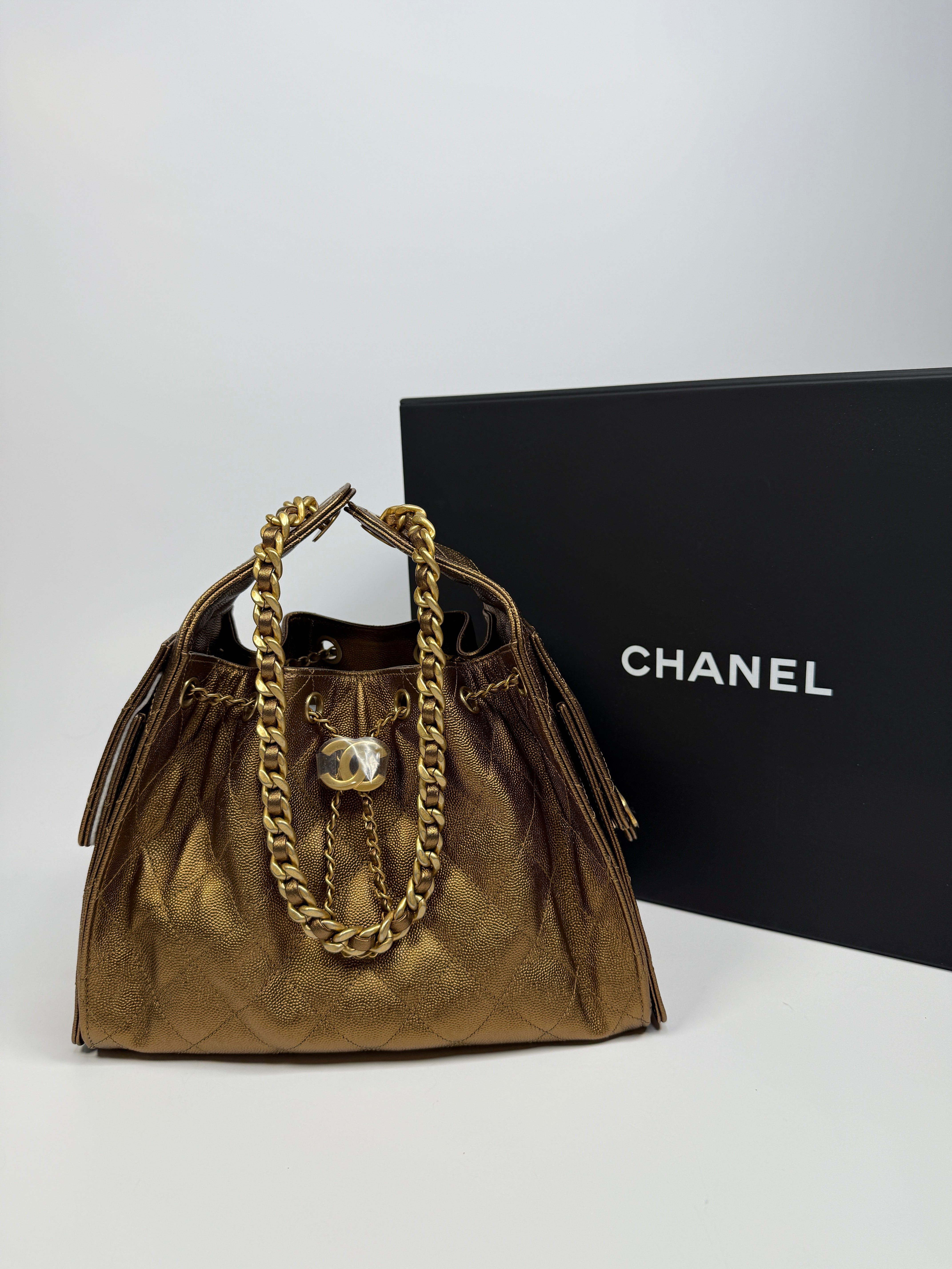 Authentic pre loved Chanel 25 Small In Metallic Bronze Caviar Leather With Gold hardware