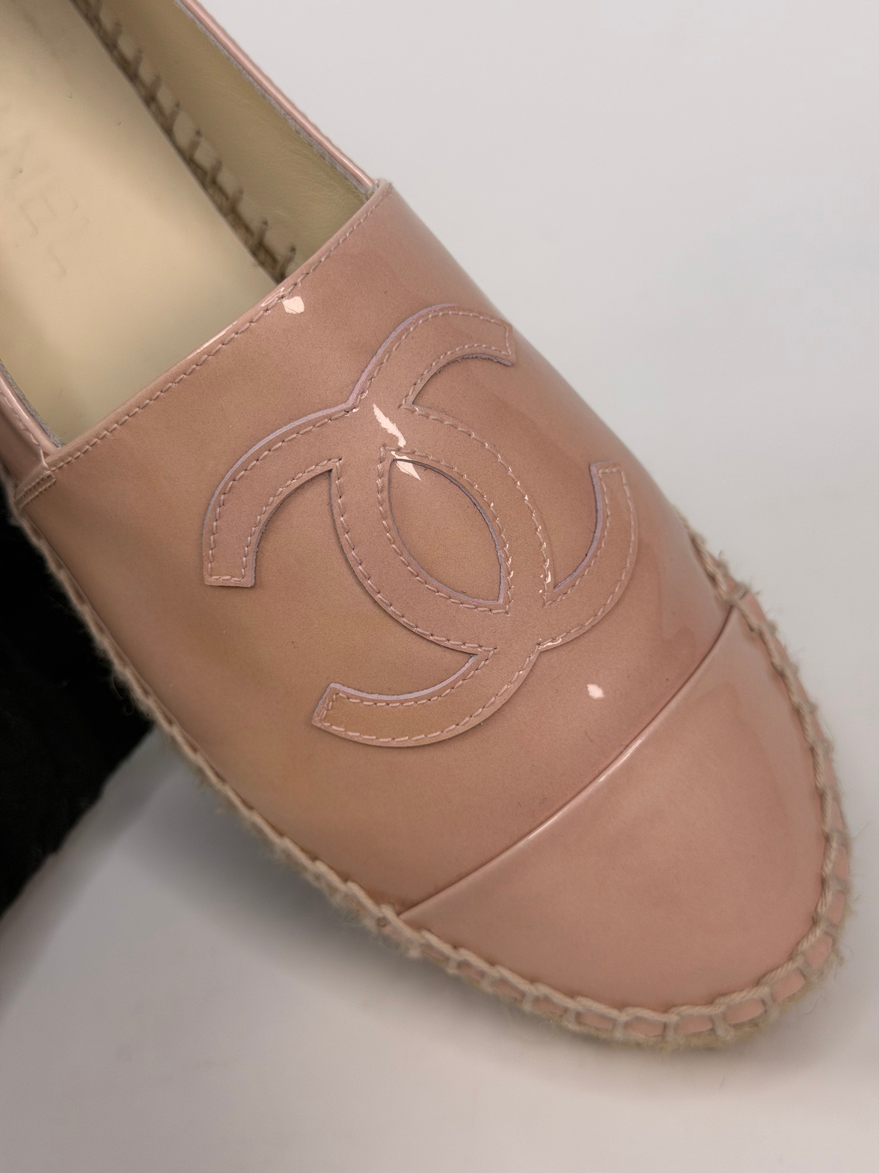 Chanel Espadrilles In Blush Patent Leather (Size 37/ UK4). 100% authentic and preloved in excellent condition