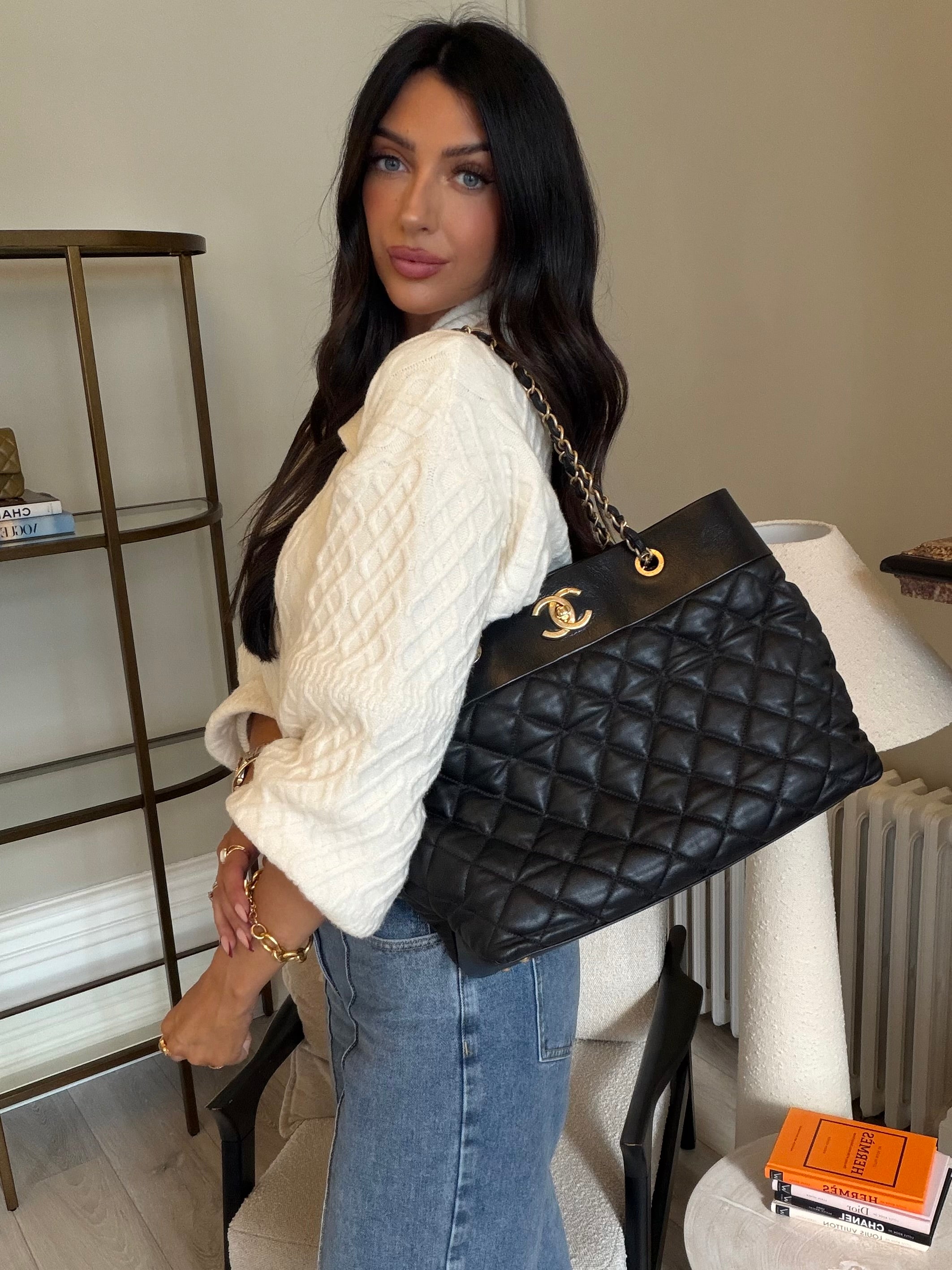 Chanel Medium Soft Elegance Tote Bag Black Gold Hardware