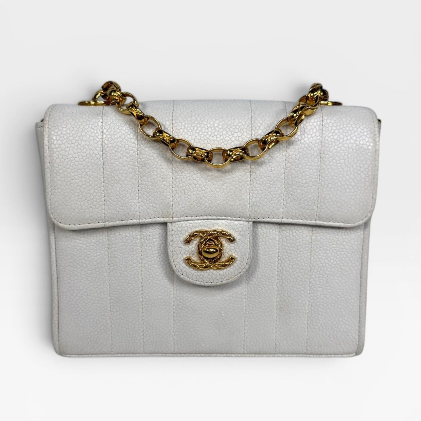 Chanel Vintage Mini Square Flap In White Caviar Leather With Gold Hardware