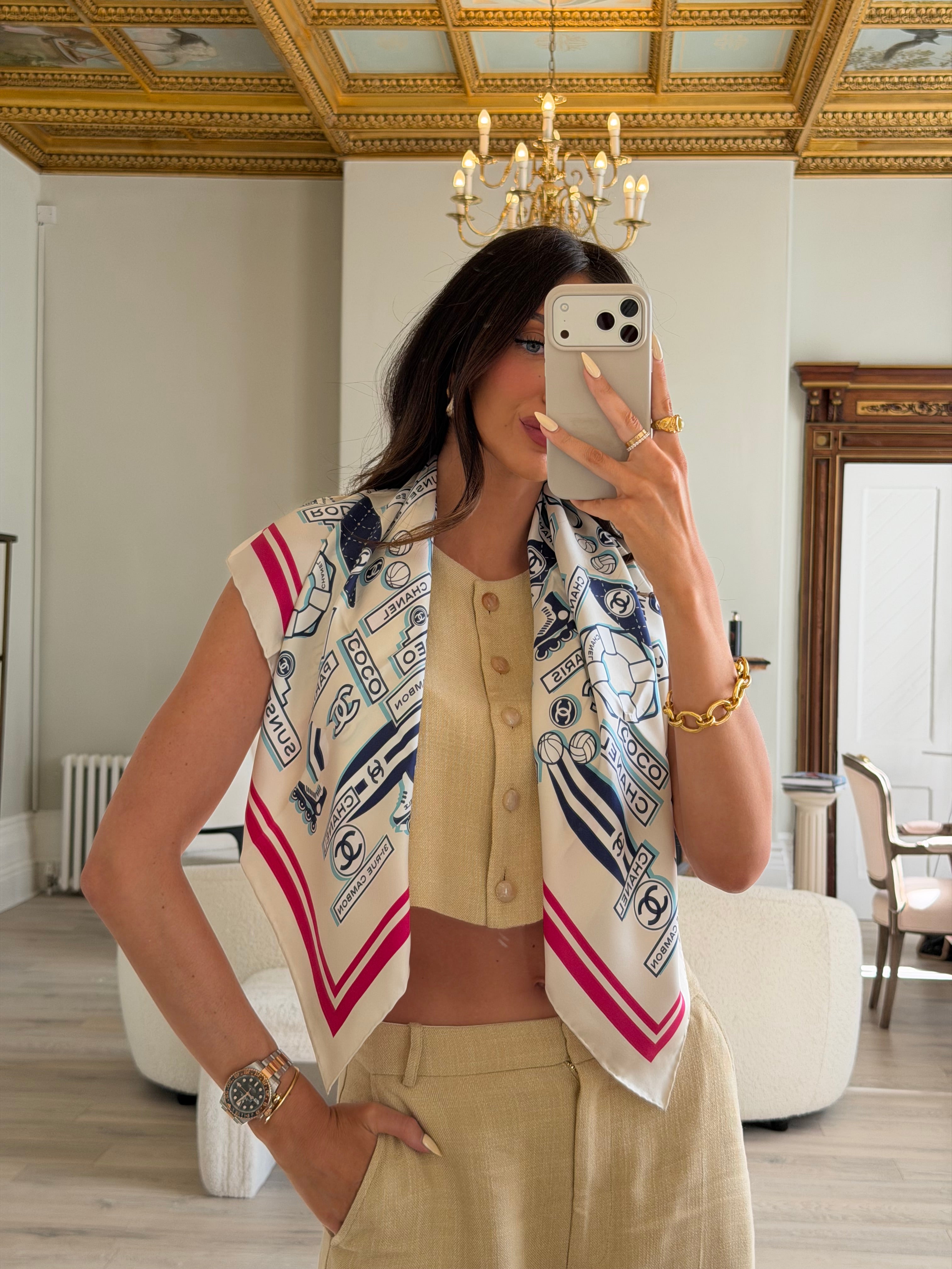 Authentic and preloved Chanel CC Silk Square Scarf In Excellent condition. 100% Authenticity Guarantee