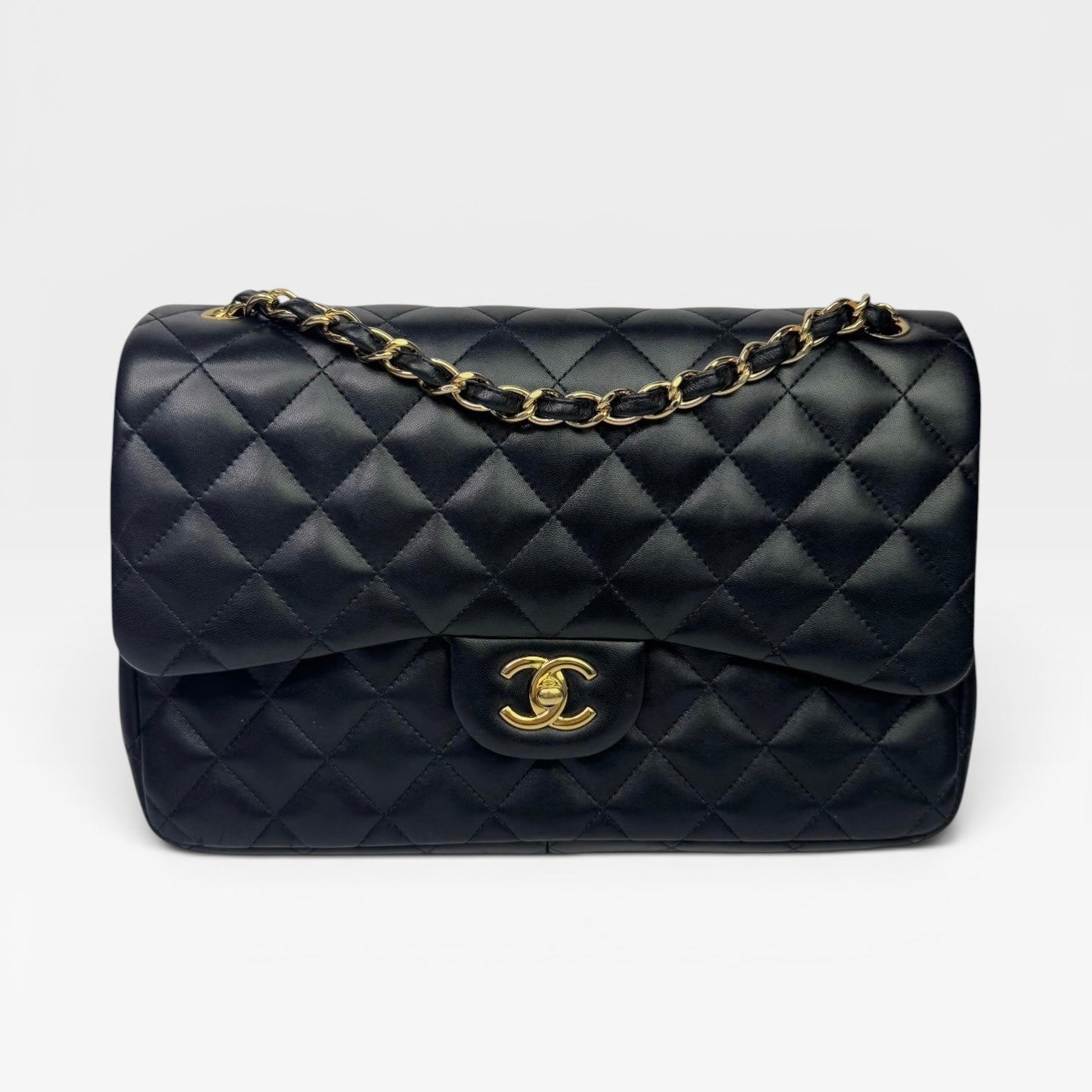 Chanel Black Lambskin Leather Jumbo Classic Double Flap Gold Hardware