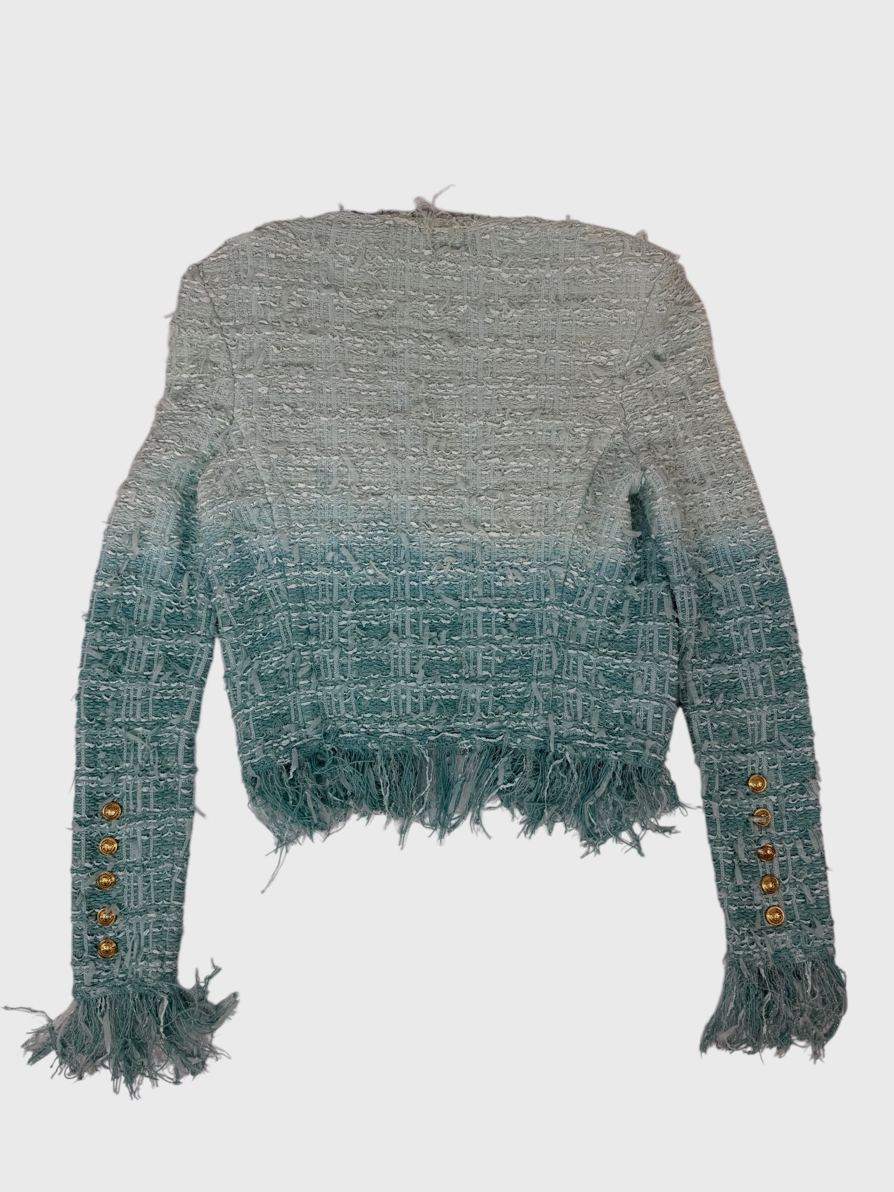 Balmain Fringe Dip Dye Tweed Jacket In Turquoise (Size34/UK6)