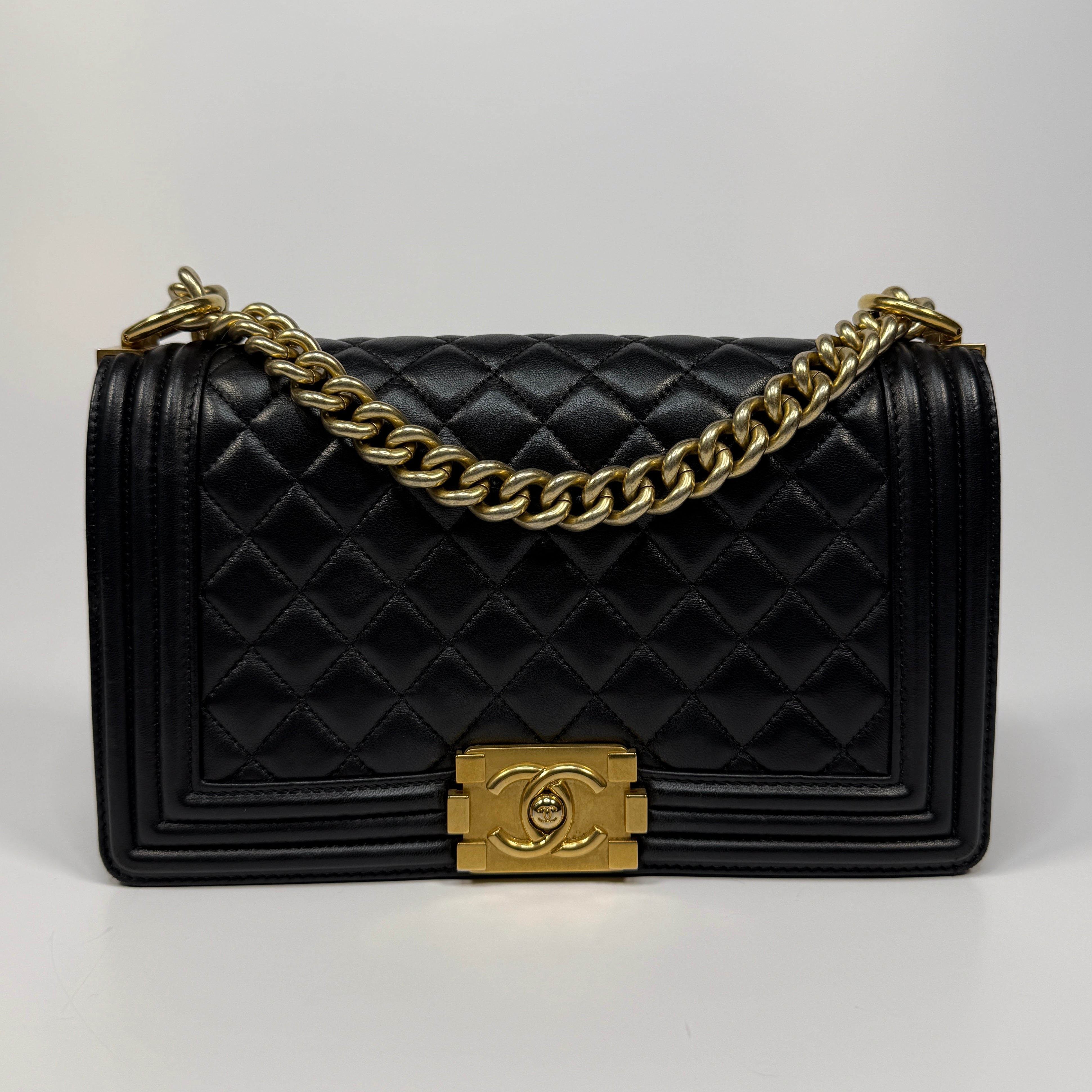 Chanel Boy Bag Medium In Black Lambskin Leather With Gold Hardware
Pre Loved & Authentic