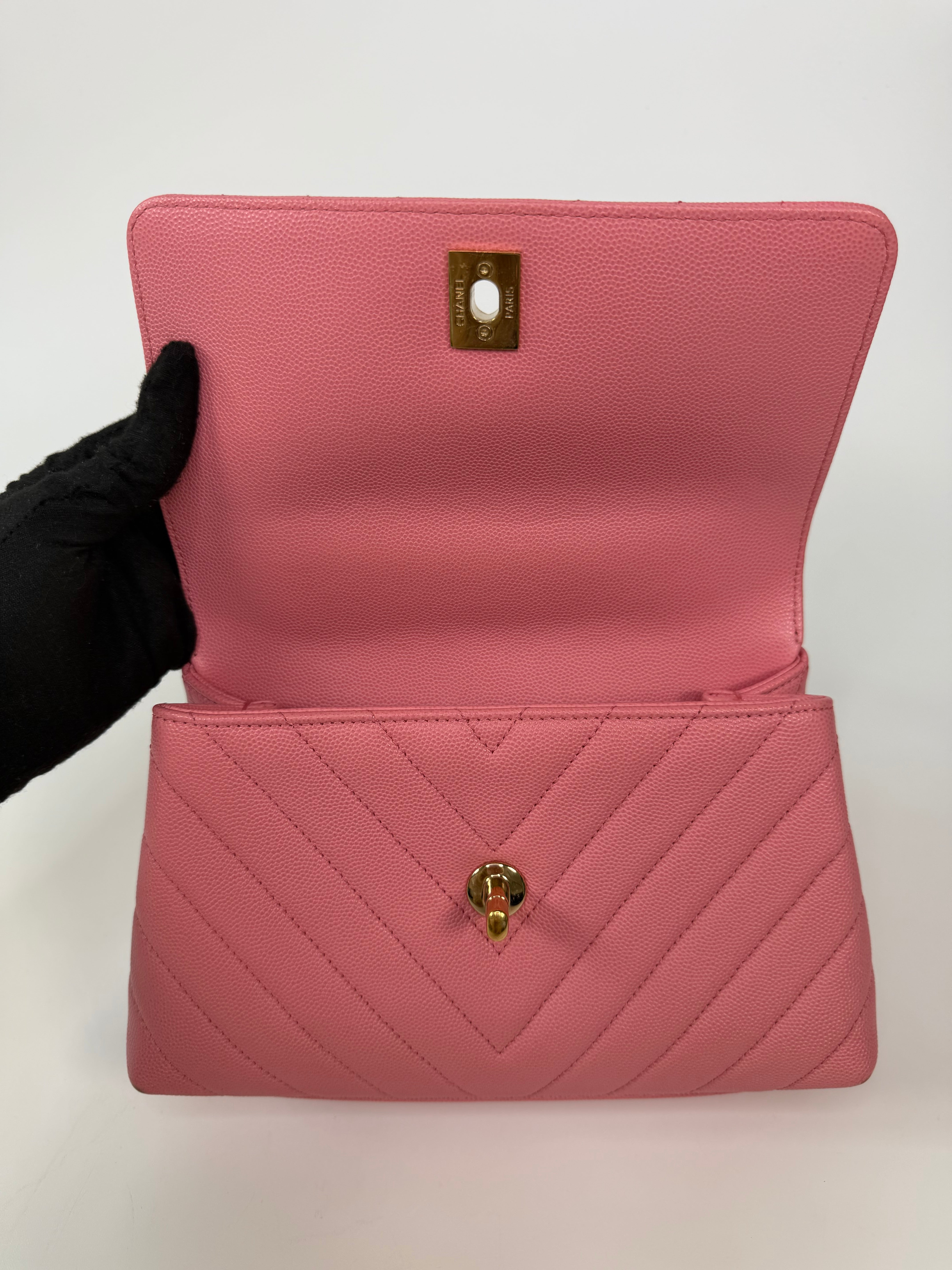 Chanel Small Chevron Coco Top Handle In Pink Caviar With Gold Hardware. 100% authentic and preloved in very good condition.