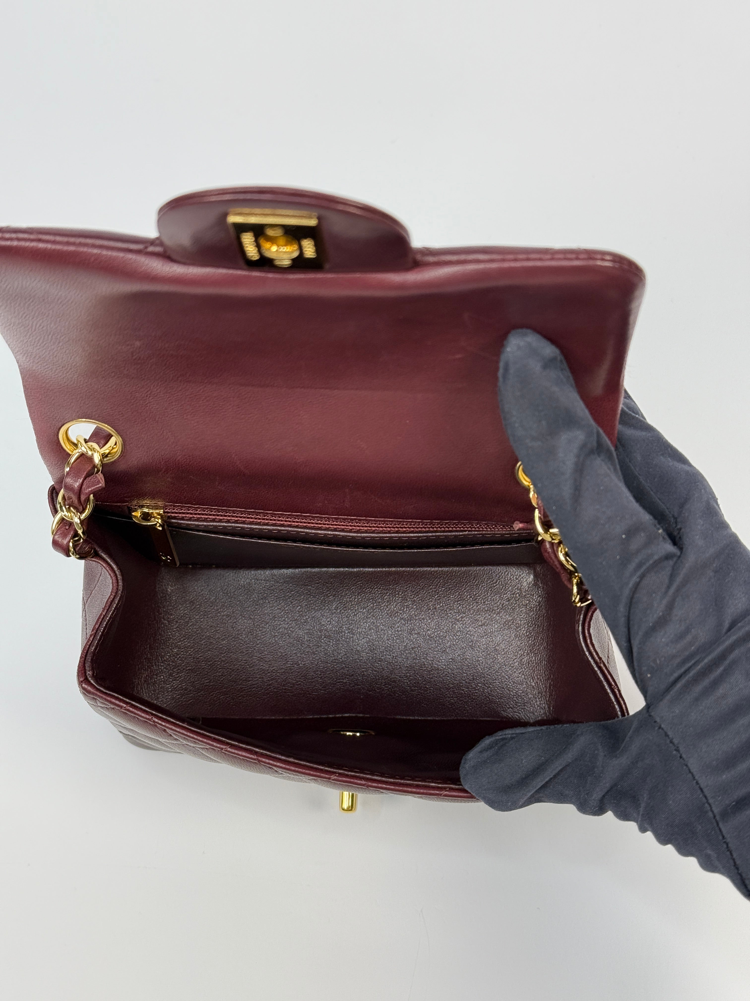 Chanel Mini Square In Burgundy Lambskin Leather With GHW