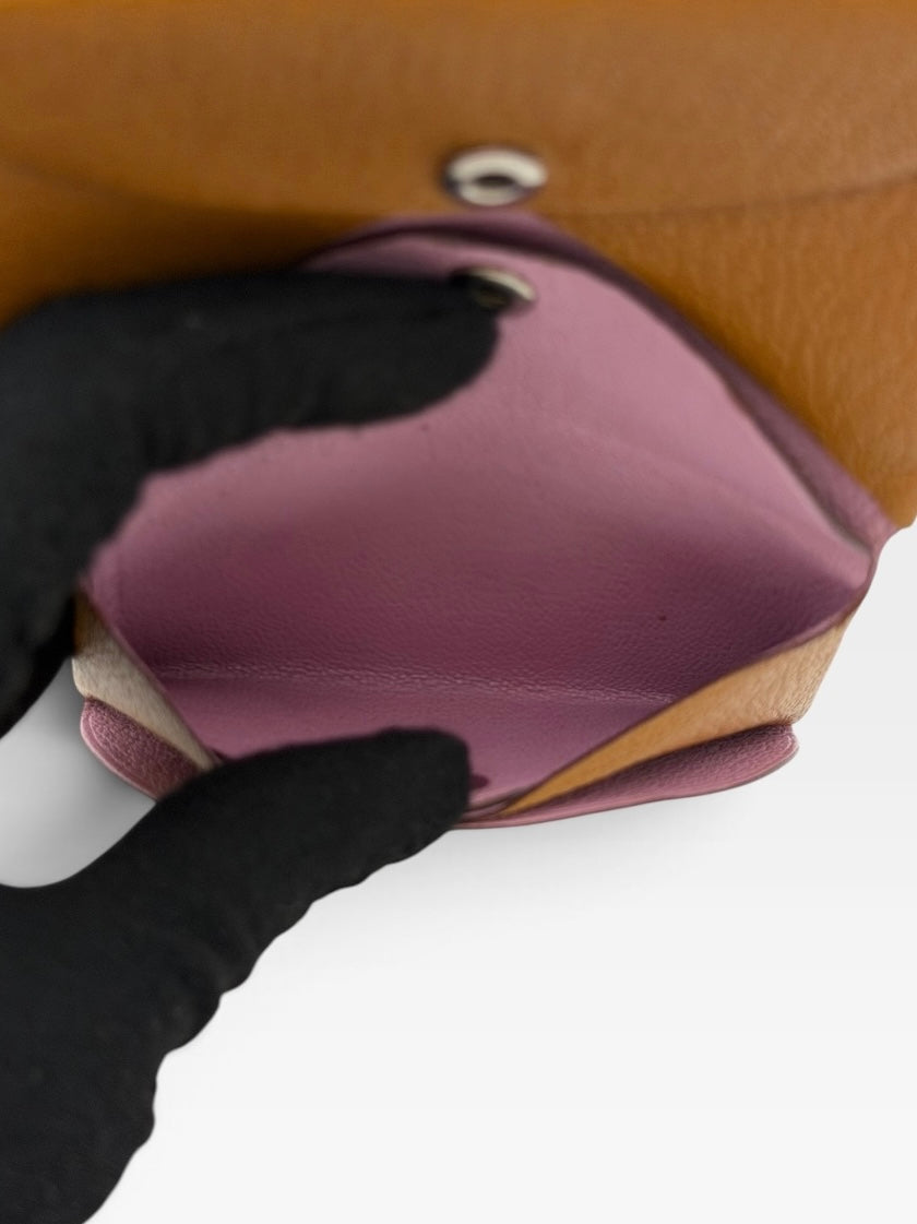 Hermès Calvi Duo Wallet In Biscuit & Mauve Sylvestre. 100% authentic and preloved in excellent condition