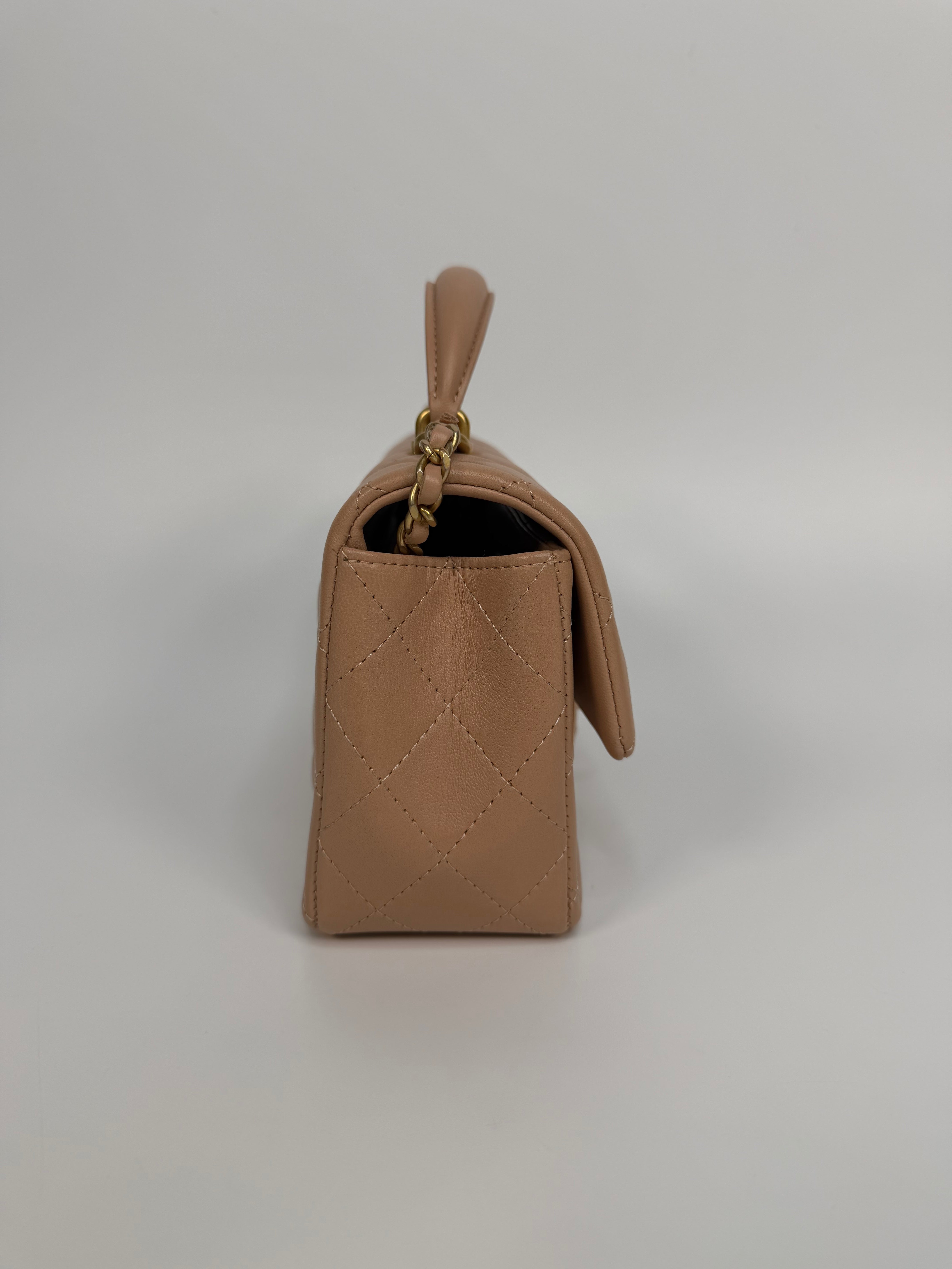Chanel Mini Rectangle Top Handle In Beige Lambskin Leather Gold Hardware