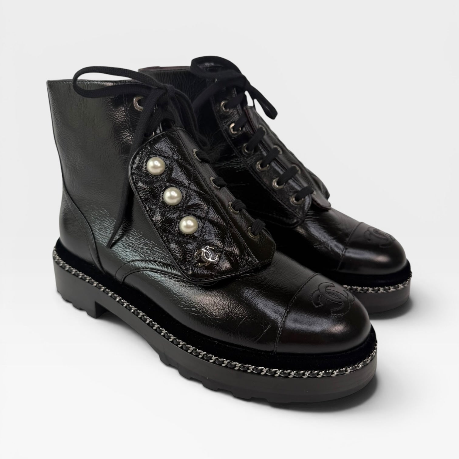 Chanel Pearl Ankle Boots Black Leather (Size 37/UK4). 100% authentic and preloved in excellent condition
