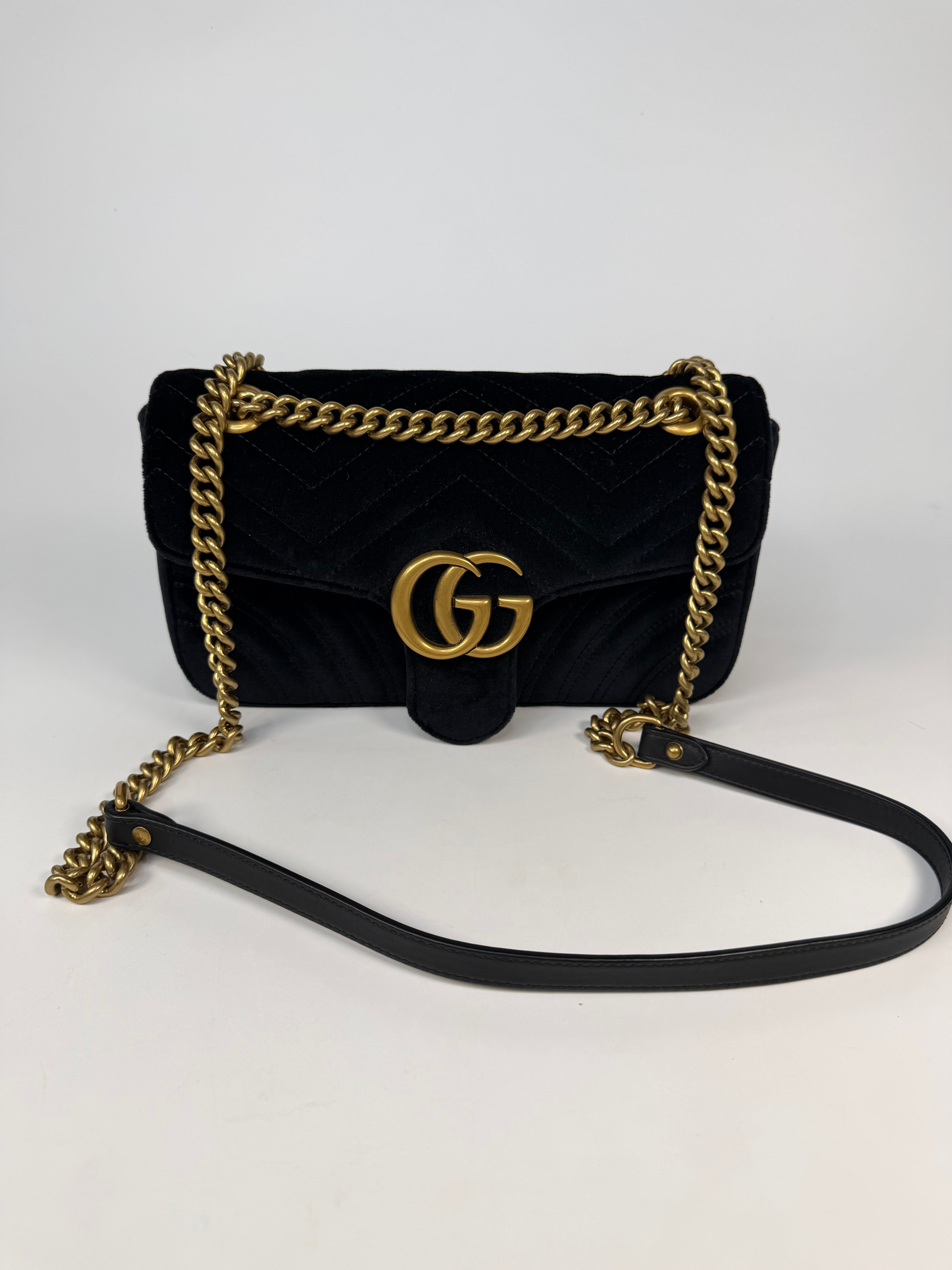 Gucci Medium Marmont In Black Velvet With Gold Hardware