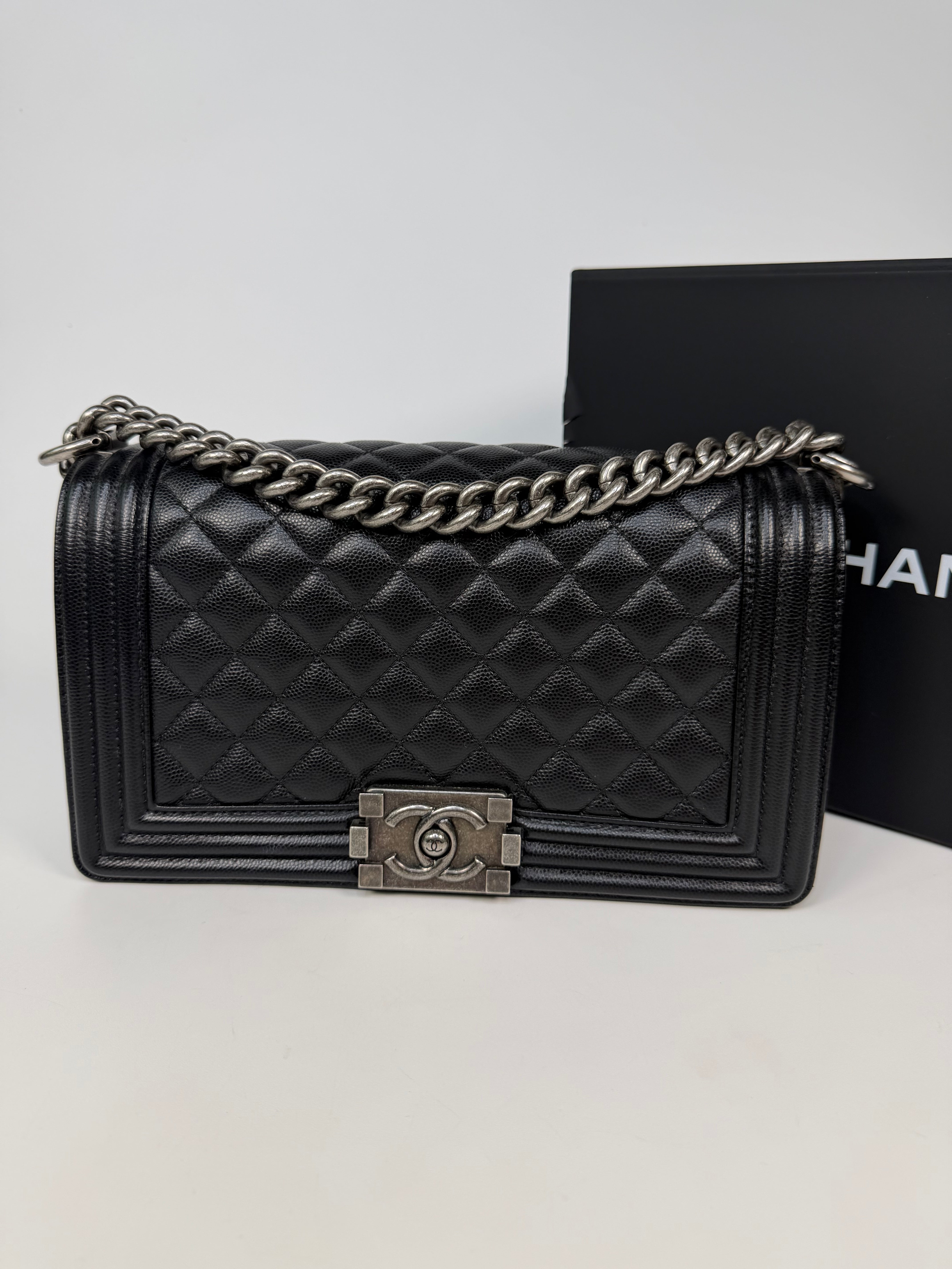 Chanel Medium Boy Bag In Black Caviar With Ruthenium Hardware