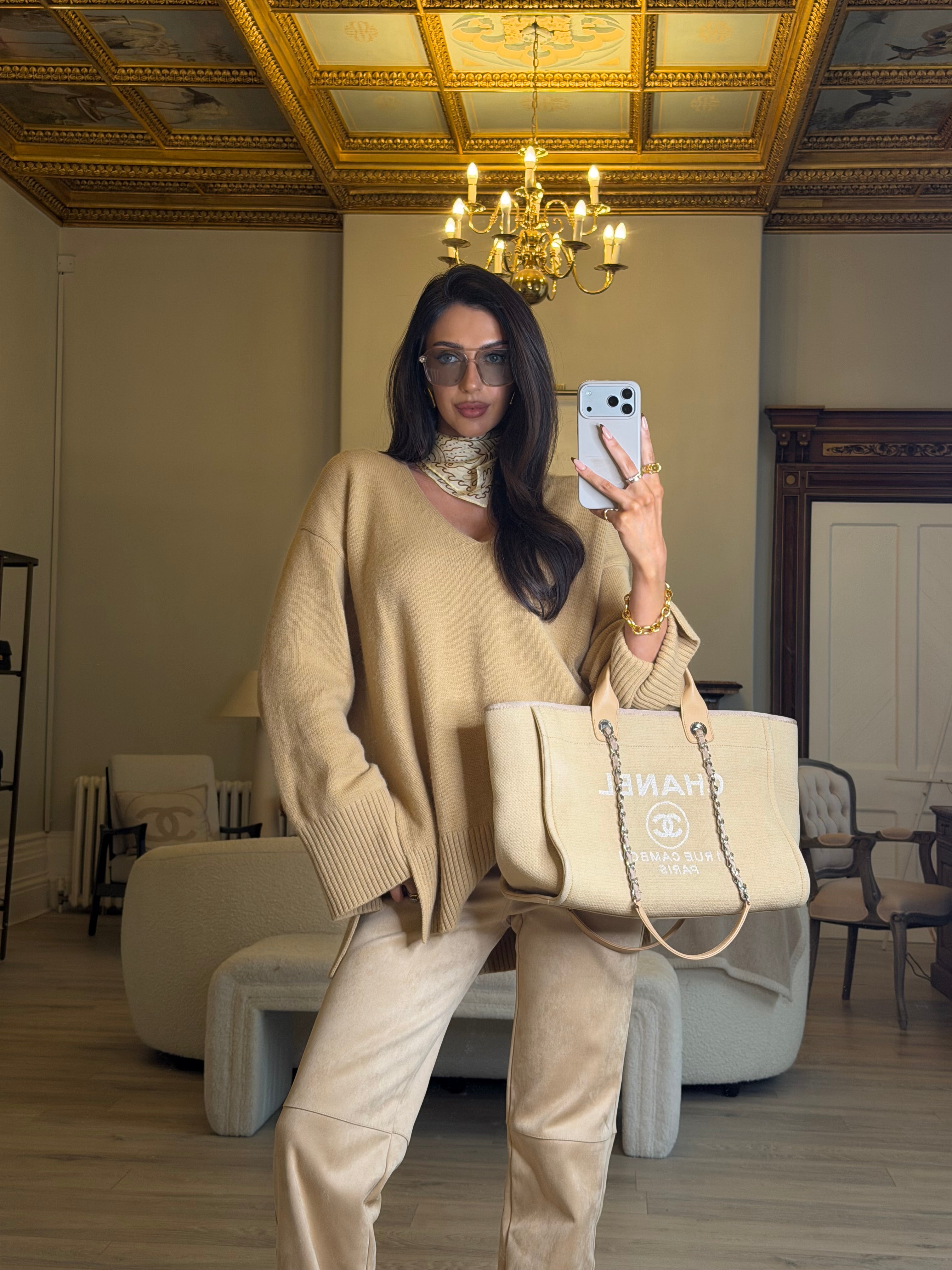 Chanel Large Deauville Tote Bag Large In Beige Fabric With Silver Hardware. Authentic and preloved In Very Good condition