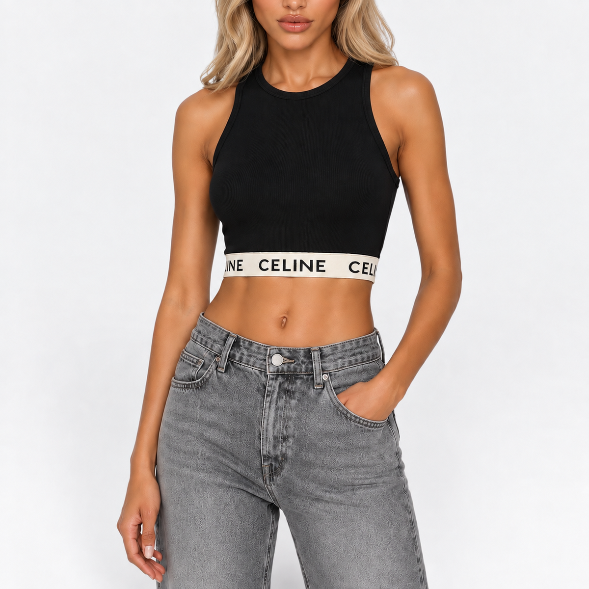 Celine Logo Crop Top (Size S/ UK 8). 100% authentic and preloved in excellent condition