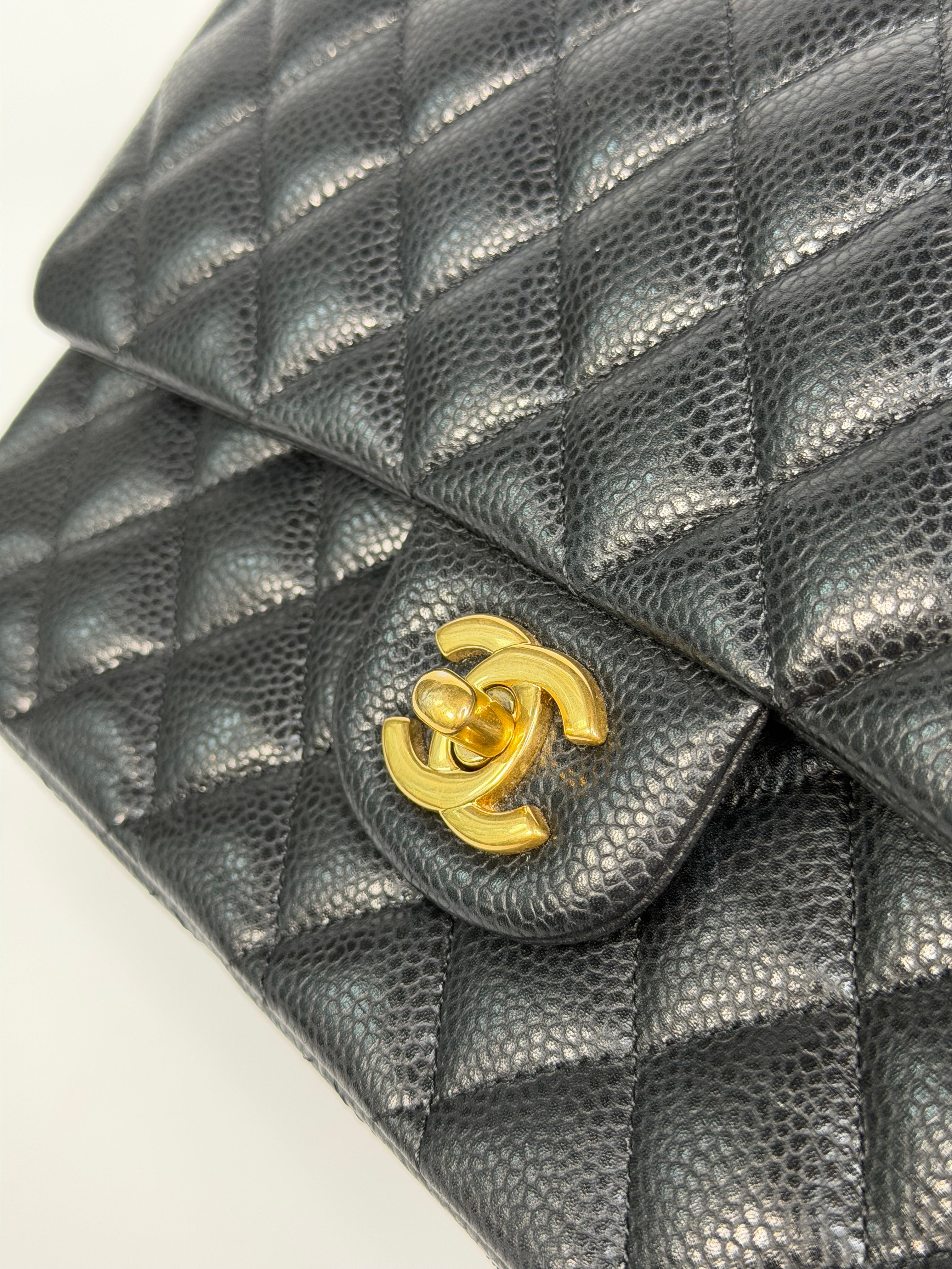 Chanel Medium Classic Double Flap Black Caviar Leather With Gold Hardware. Authentic and preloved in excellent condition