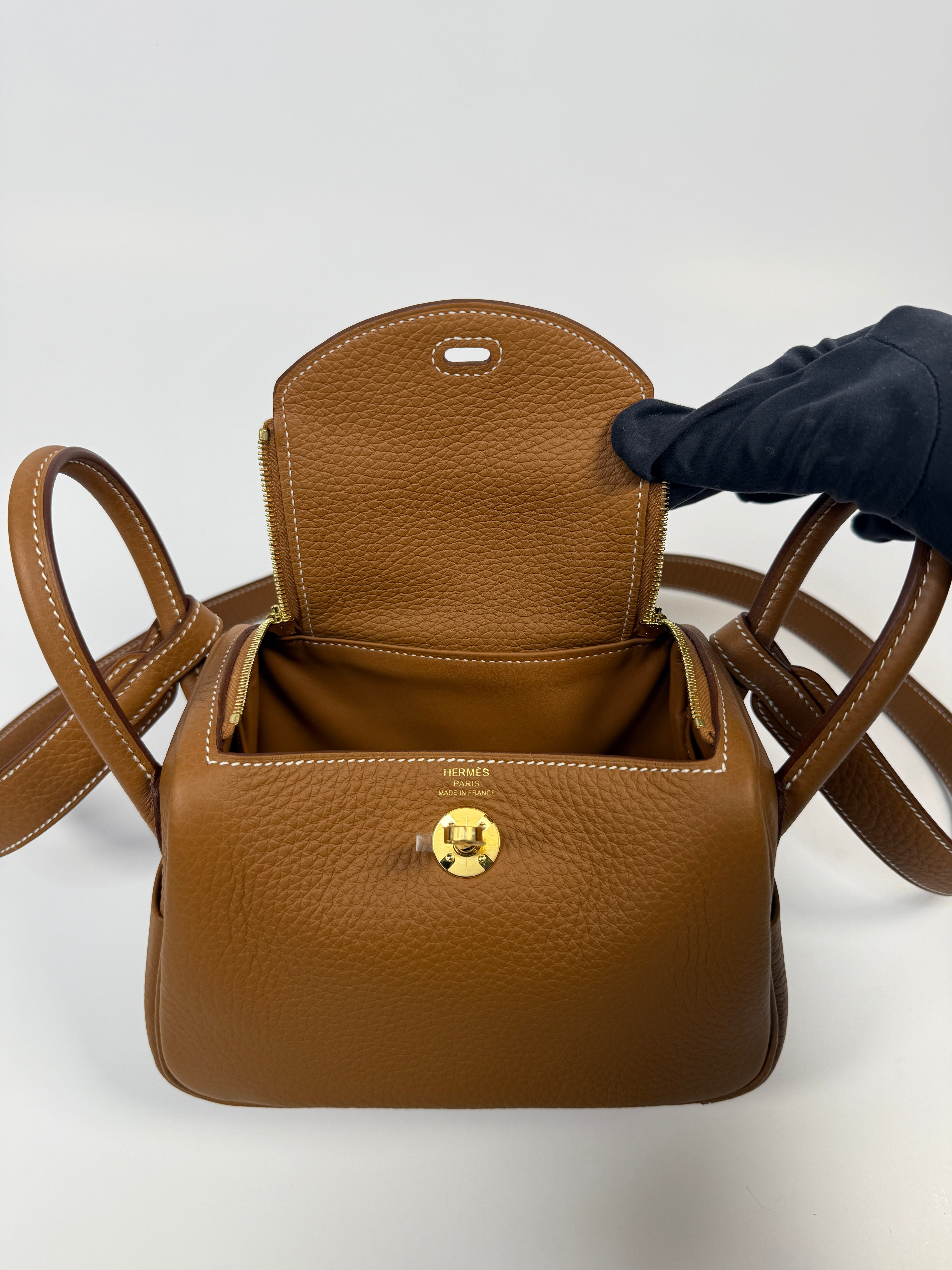 Hermès Mini Lindy In Gold Clemence Leather With Gold Hardware Authentic New & Unused