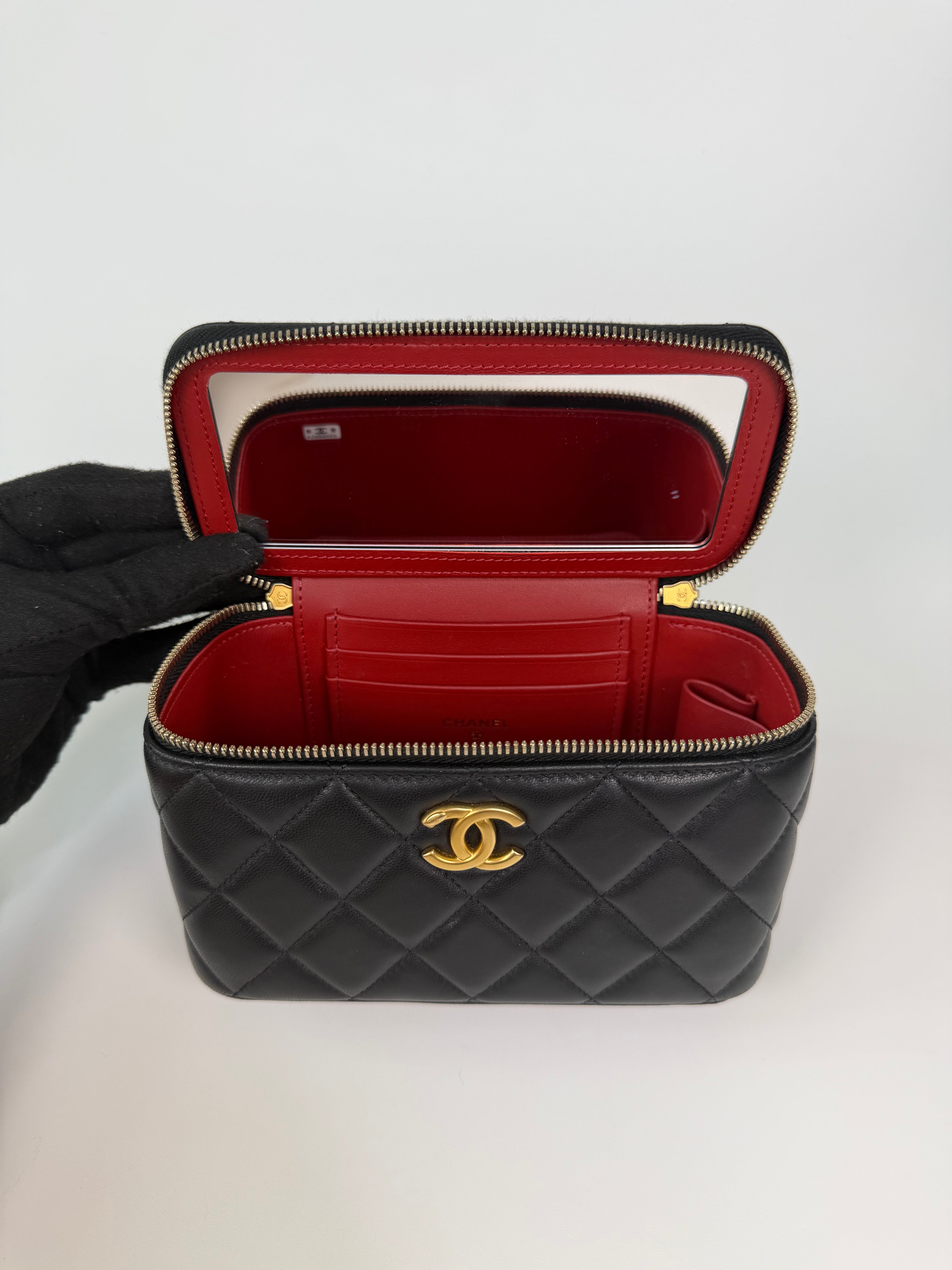 Chanel Quilted Pearl Crush Mini Vanity In Black Lambskin Leather With Gold Hardware