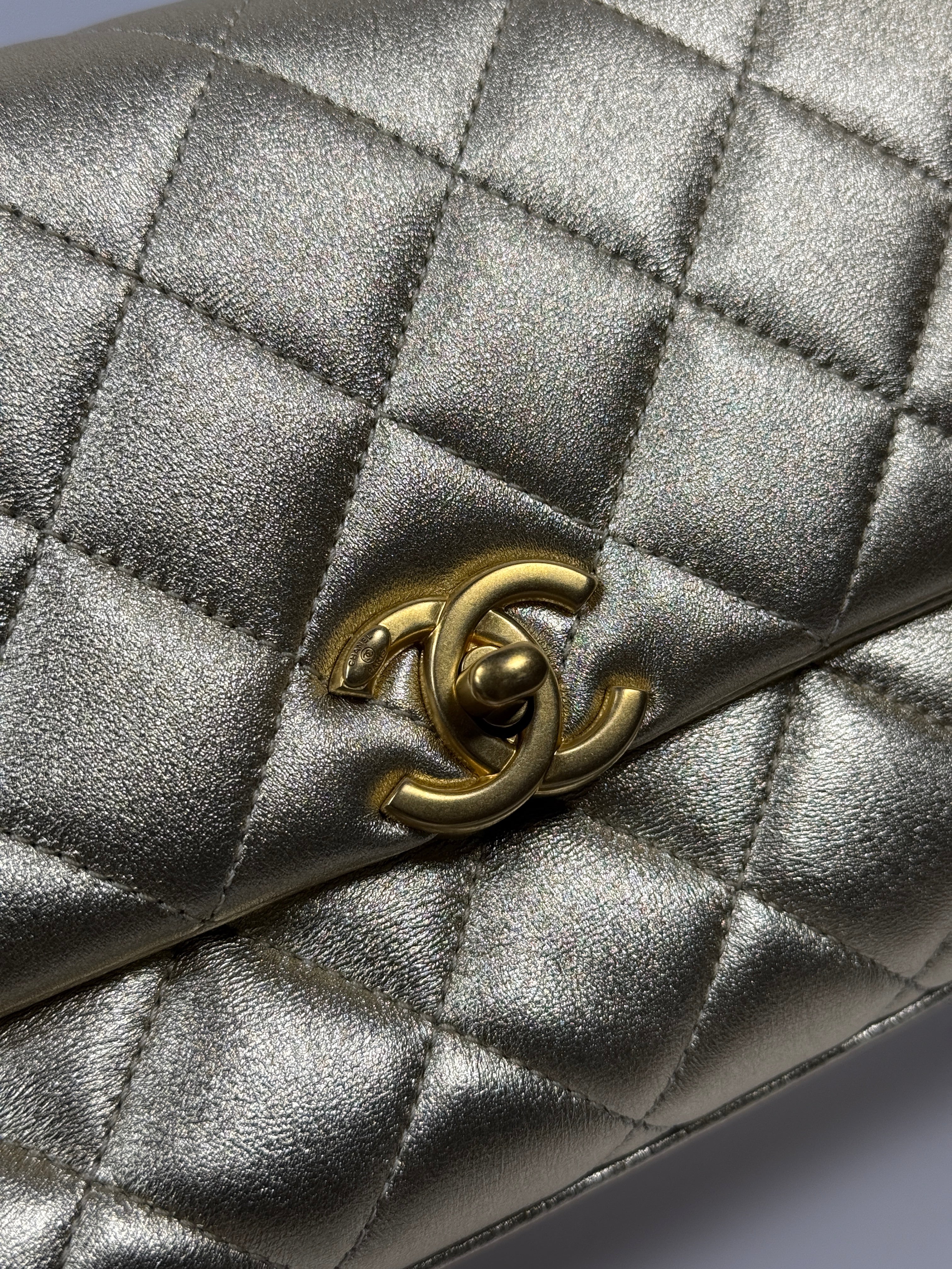 Chanel Mini Pearl Top Handle Flap Bag Metallic Gold Lambskin With GHW