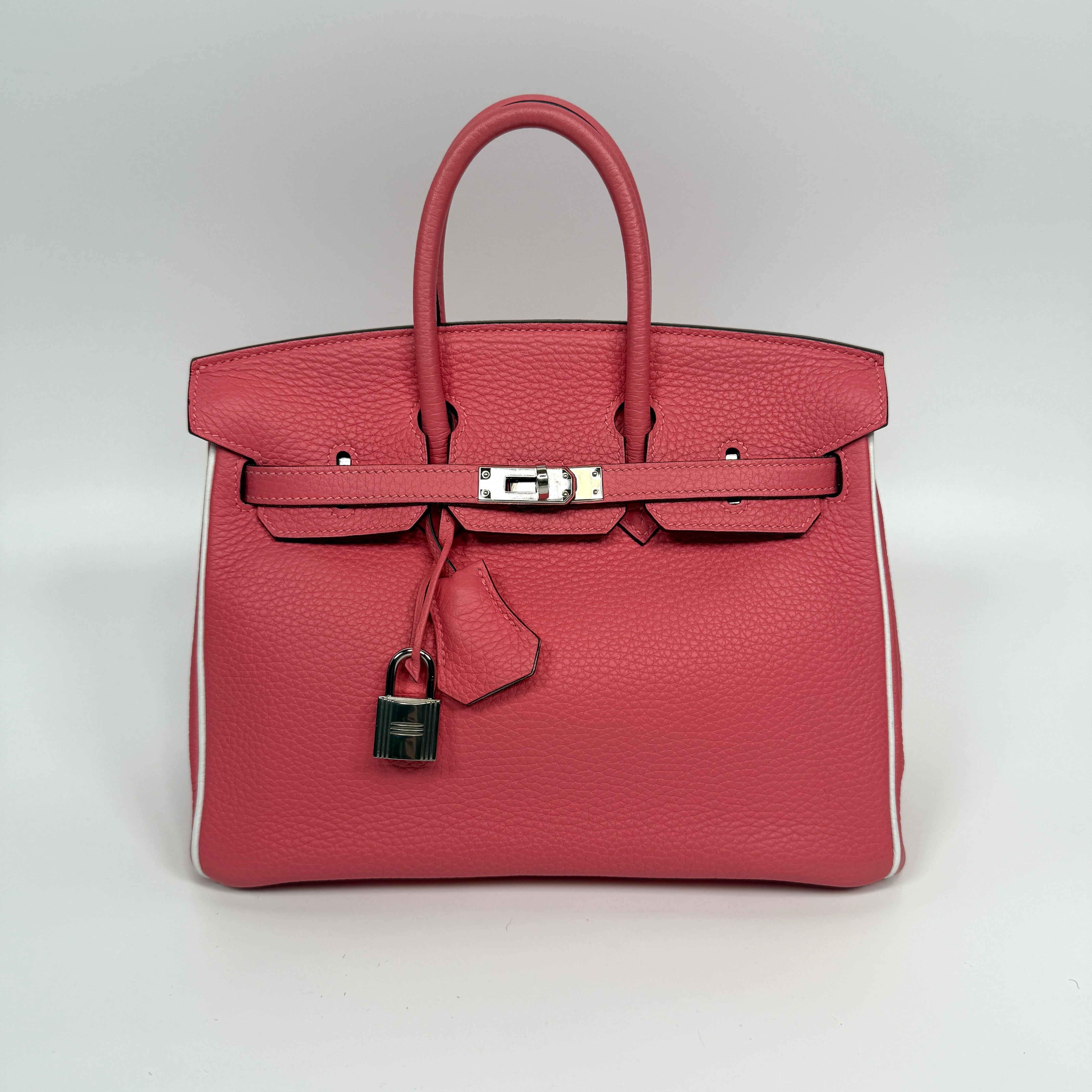 Hermès Birkin 25 In Rose D’été & White Clemence Leather With Palladium hardware. Authentic and pre loved in excellent condition.