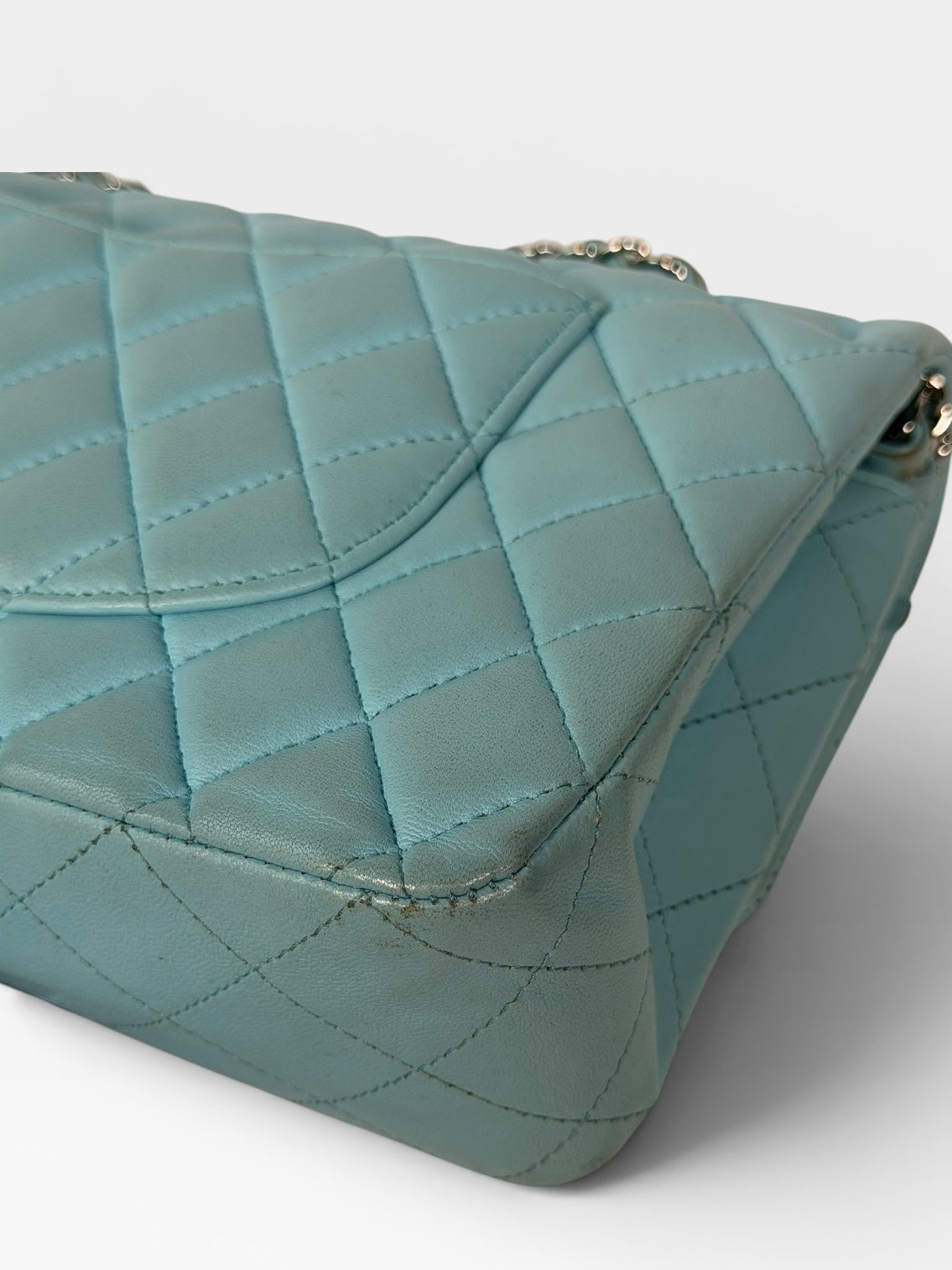 Chanel Medium Double Classic Flap Light Blue Silver Hardware. Authentic and preloved in good condition.