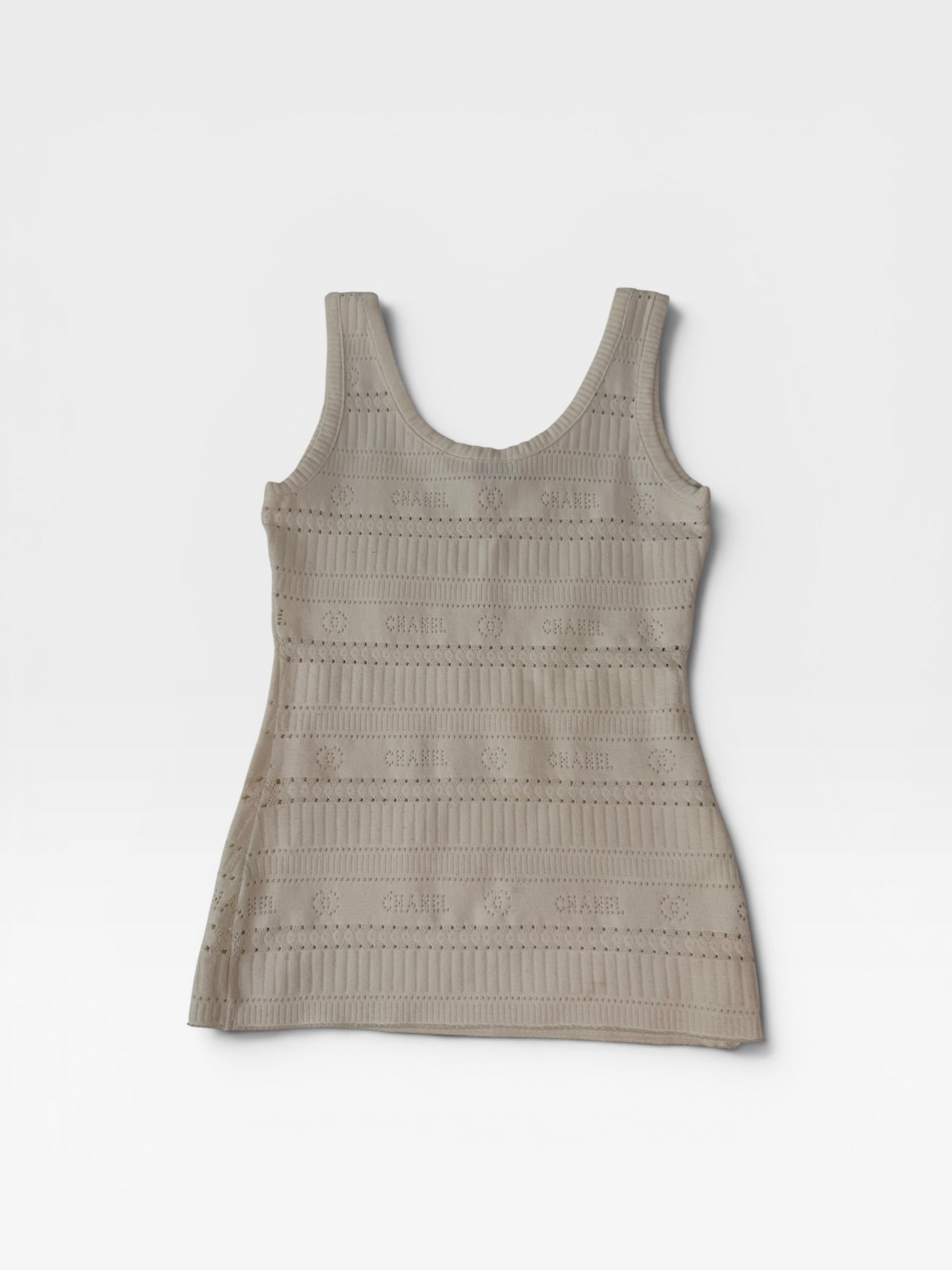 Chanel Vintage Logo Pointelle Knit Sleeveless Tank Top In White Cotton (Size 34/UK8)