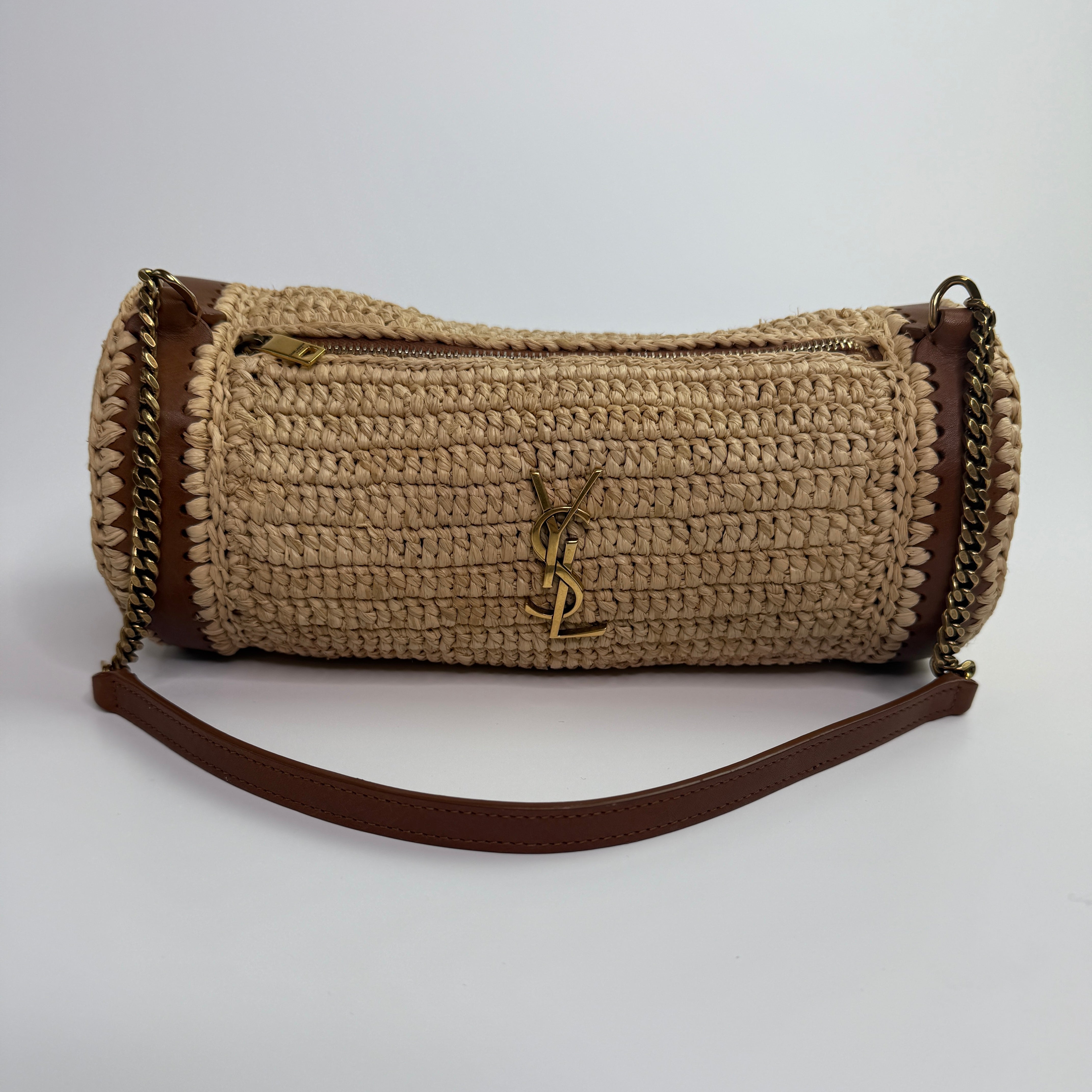 Saint Laurent Monogram Embellished Raffia Shoulder Bag