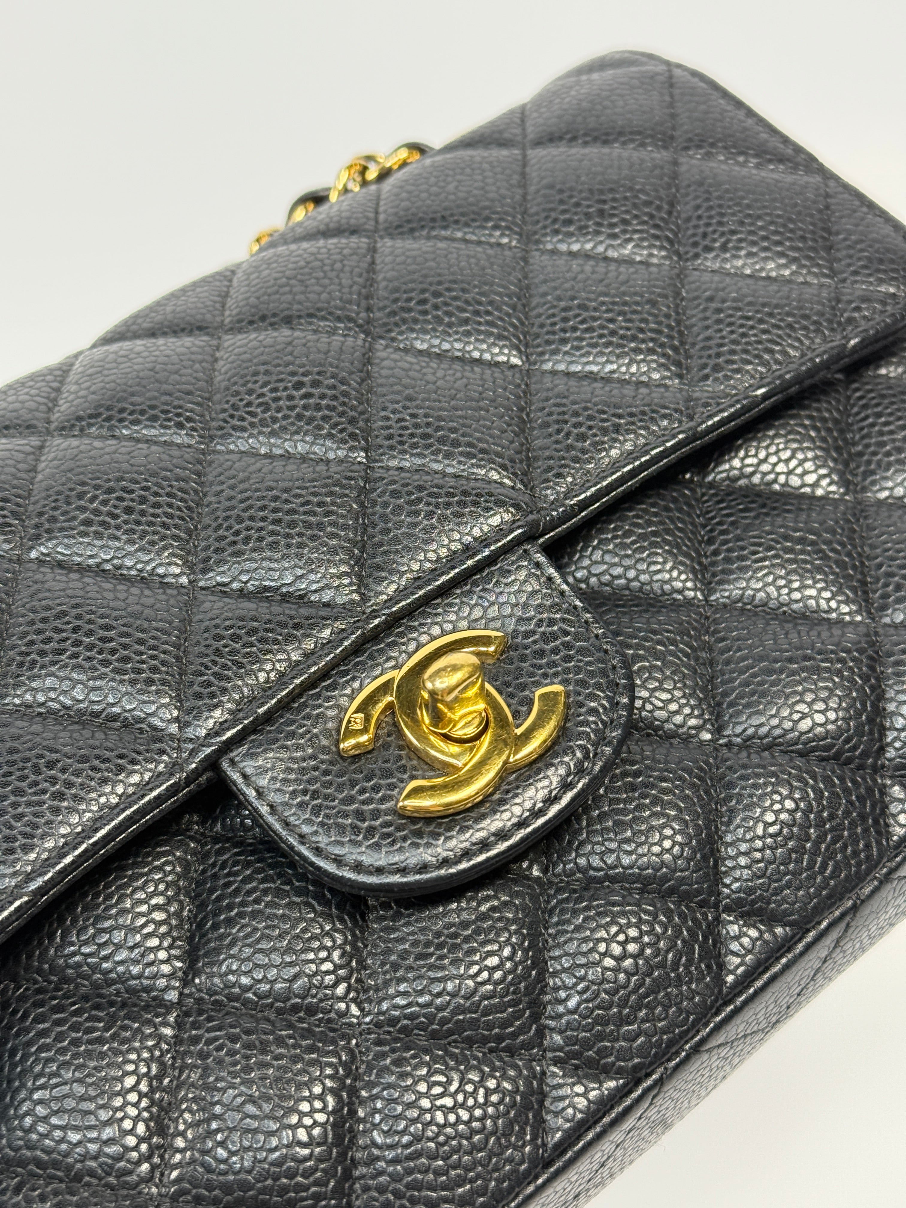Chanel Small Vintage Classic Double Flap In Black Caviar Leather With Gold Hardware, Authentic And Preloved In Excellent Condition