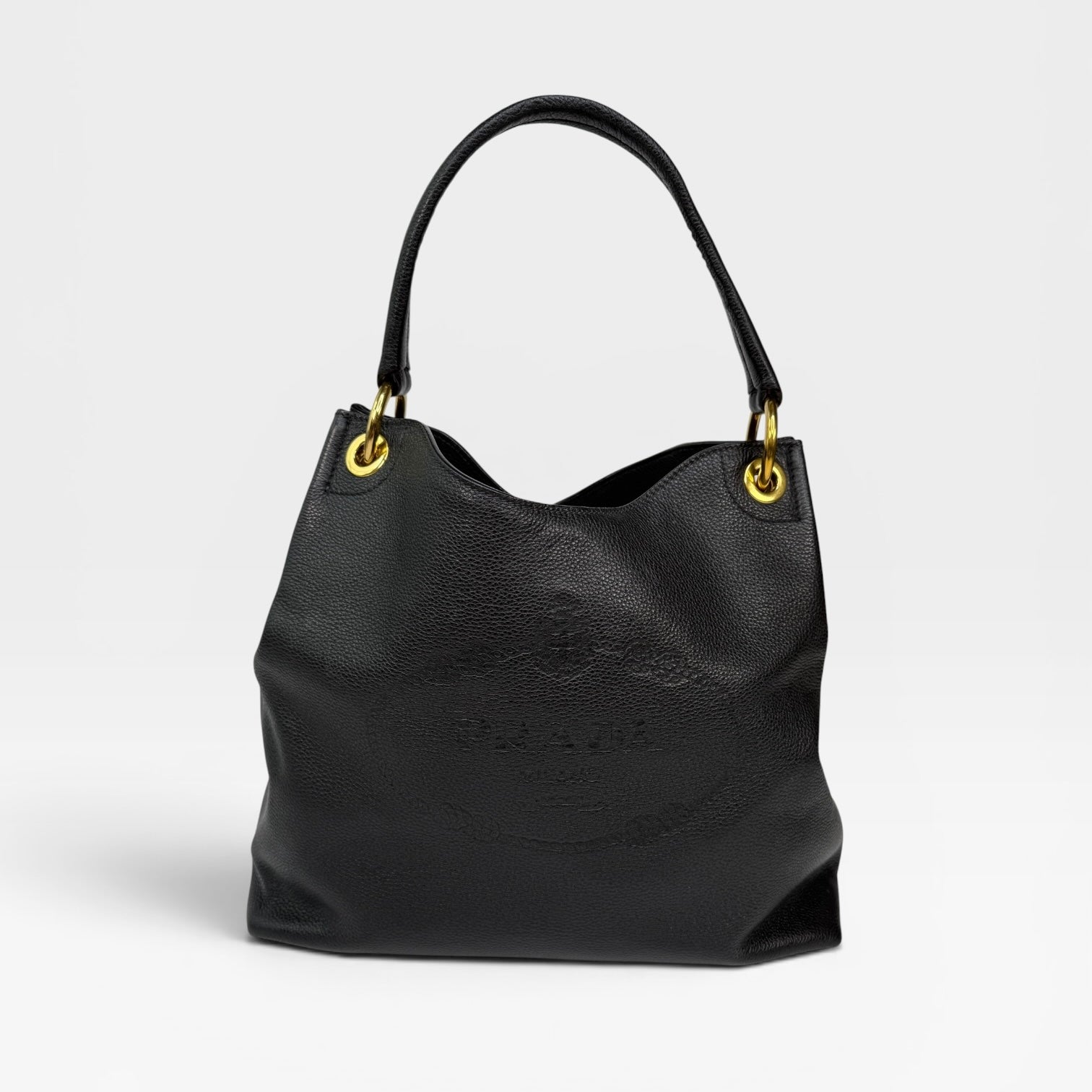 Prada Vitello Phenix Black Leather Logo Embossed Hobo Tote Bag