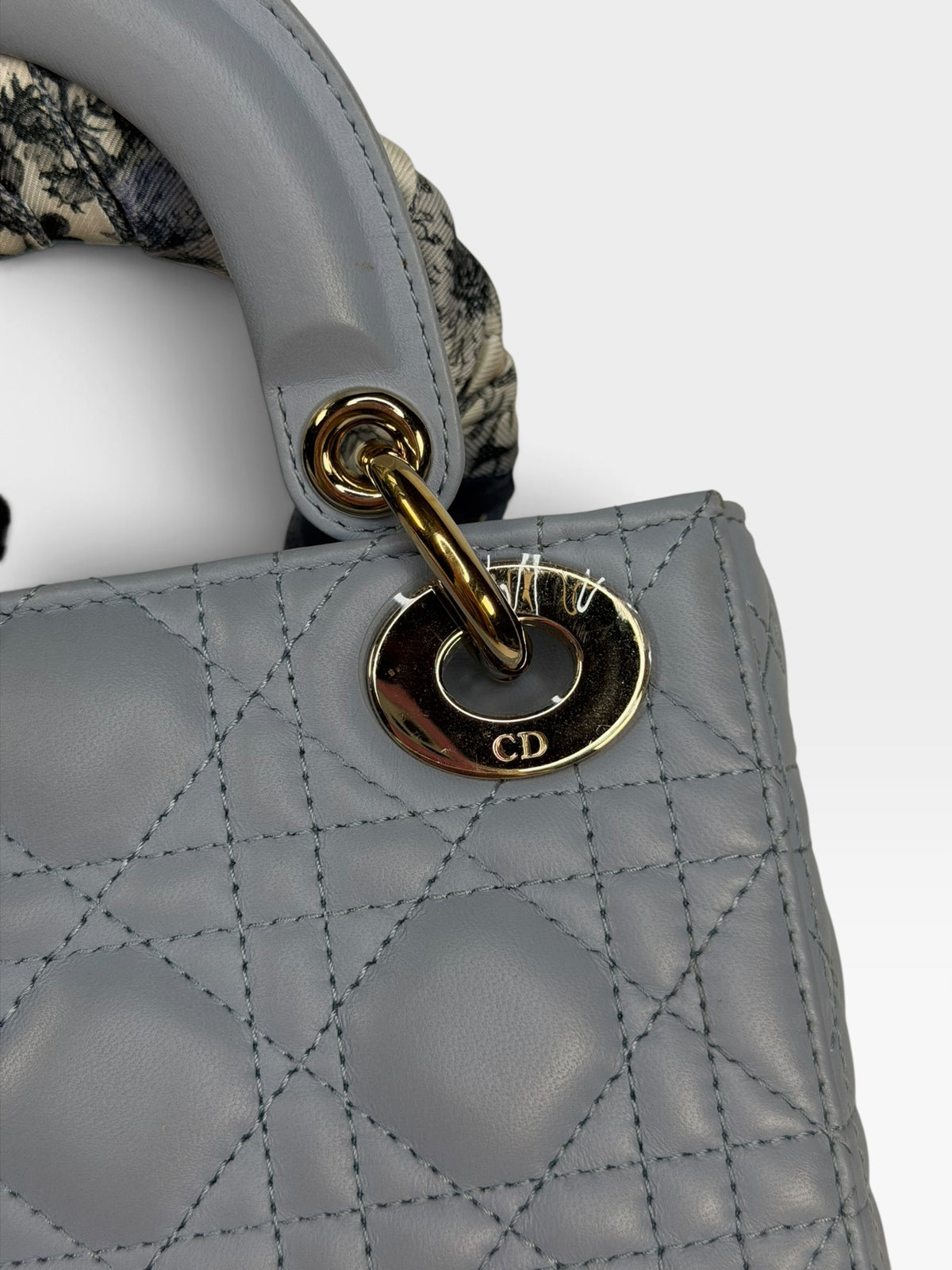 Christian Dior Mini Lady Dior In Pale Blue Cannage Leather With Pale Gold Hardware. 100% Authentic and Preloved in excellent condition. 100% Guarantee