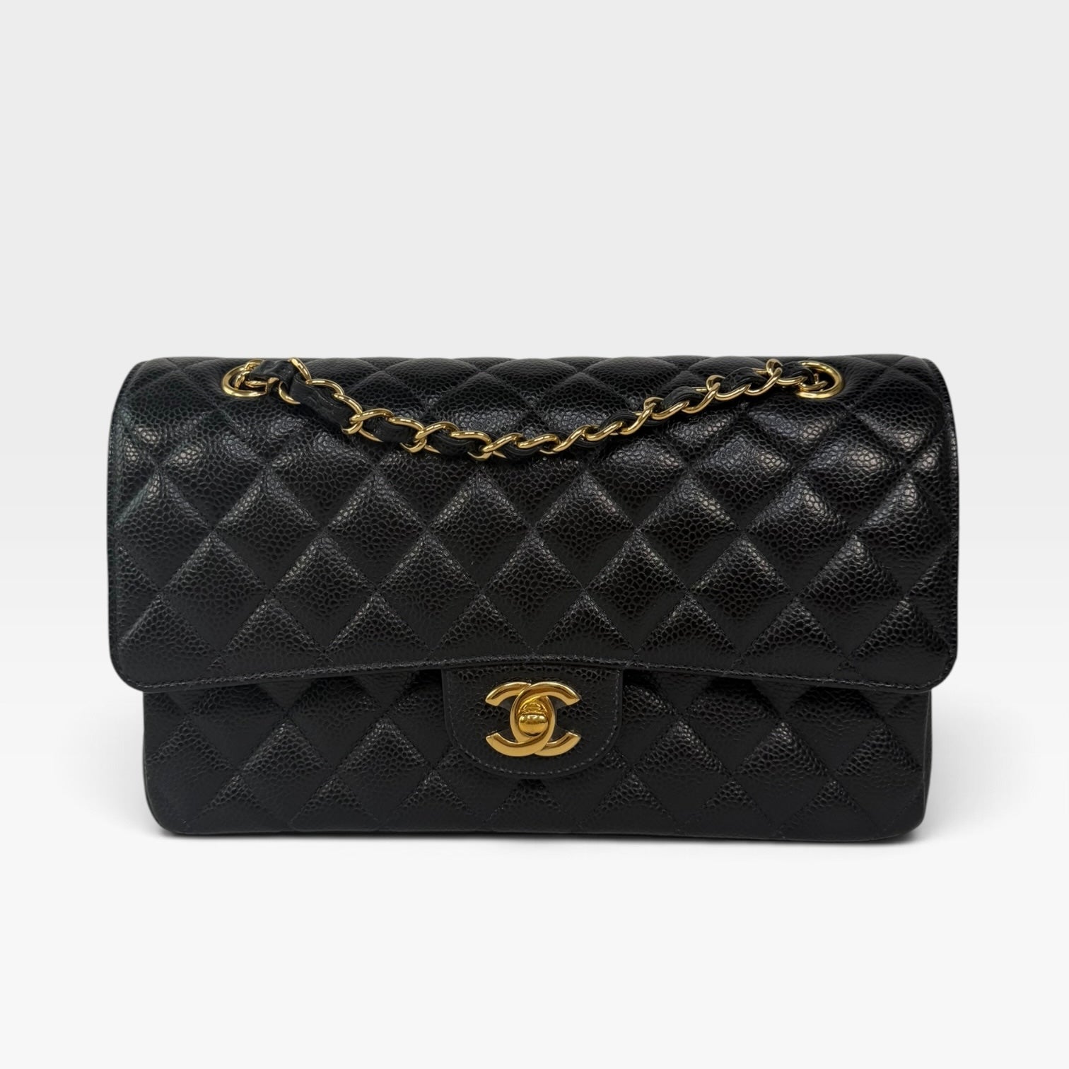 Chanel Medium Classic Double Flap In Black Caviar Leather Gold Hardware 100% authentic and preloved in excellent condition