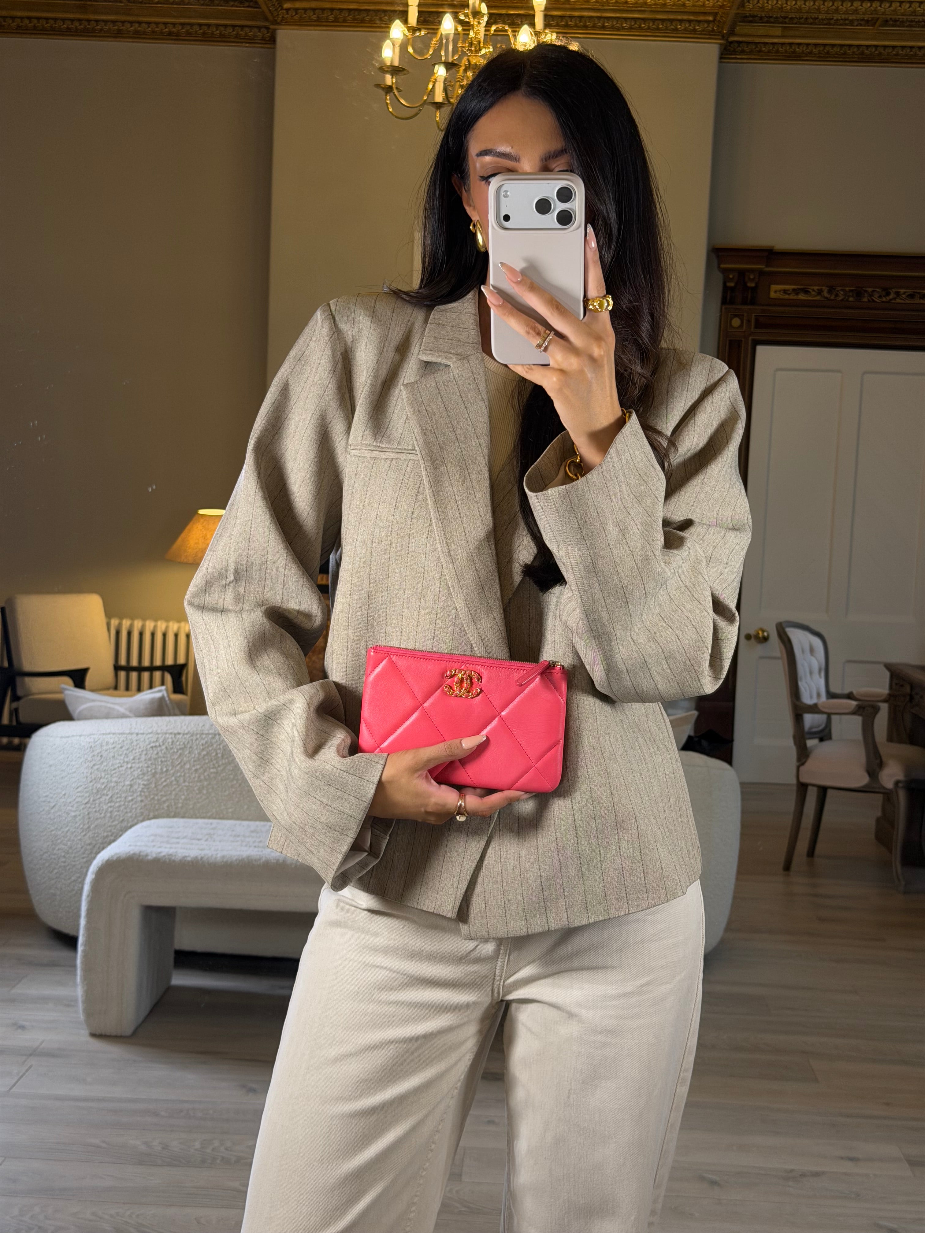 Chanel 19 Zip Pouch In Pink Calfskin Leather With GHW