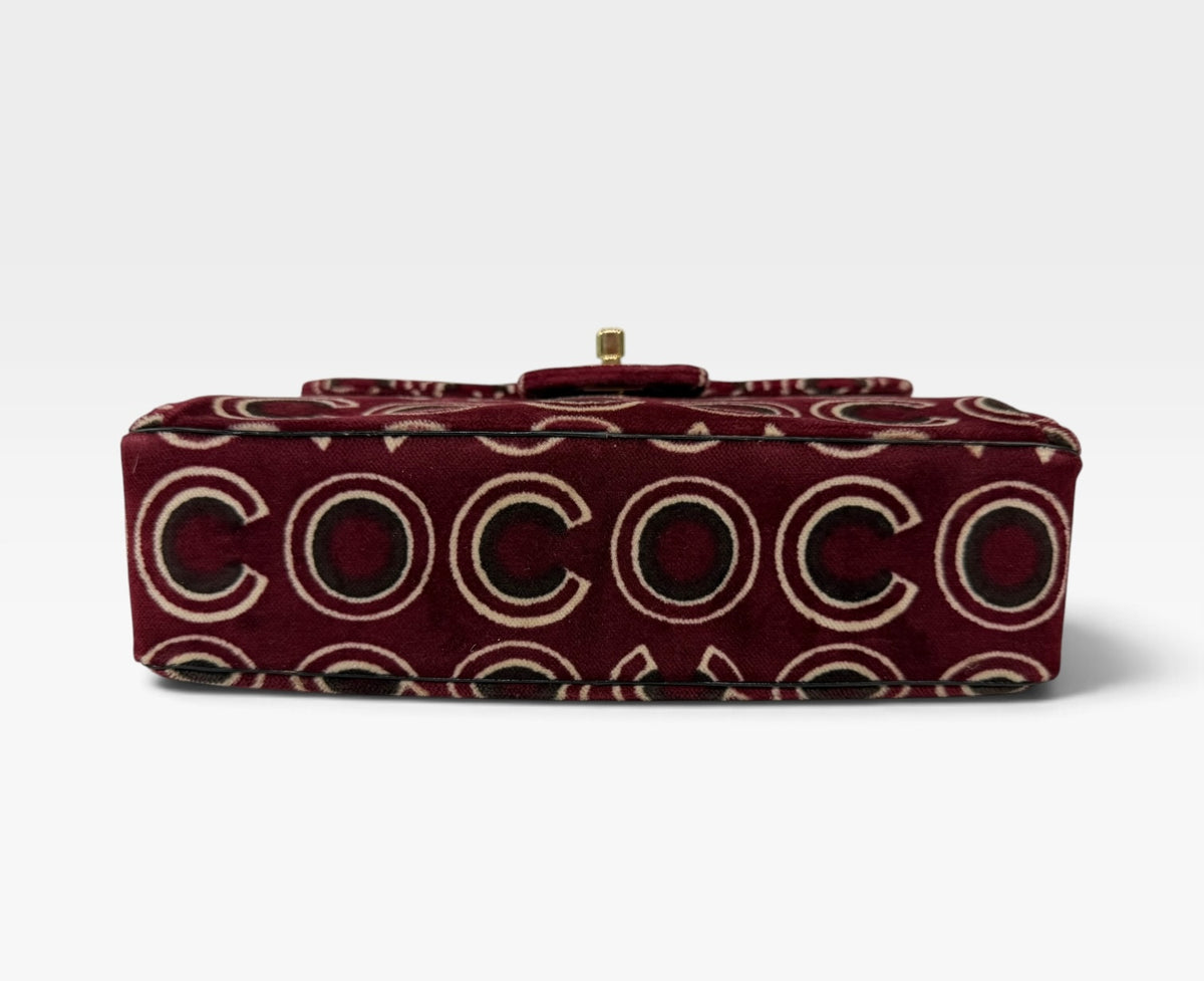 Chanel Coco Print Velvet Top Handle Flap In Burgundy With Gold Hardware