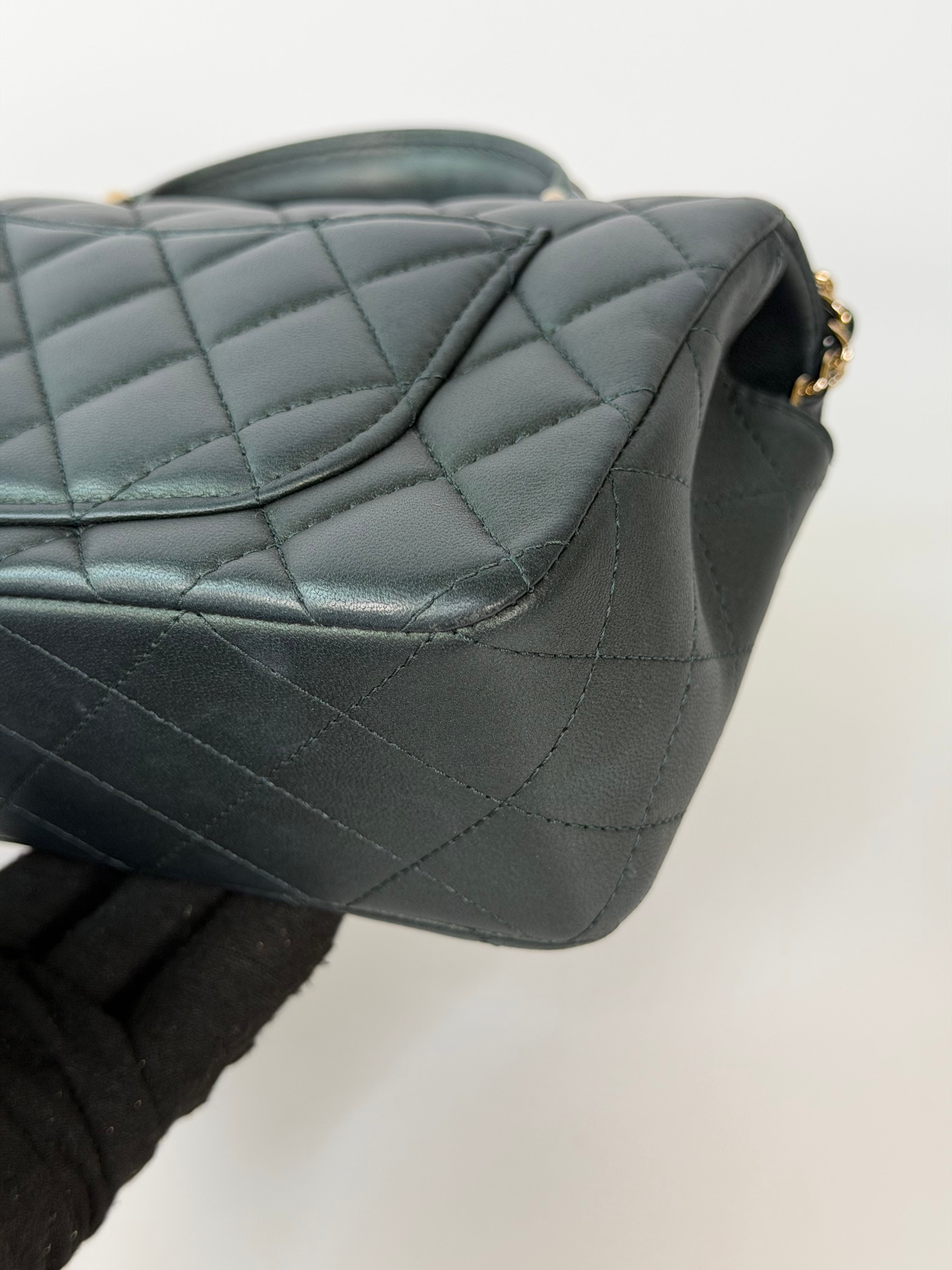 Chanel Mini Rectangle Top Handle In Metallic Green Lambskin Leather Gold Hardware. 100% authentic and preloved in excellent condition.