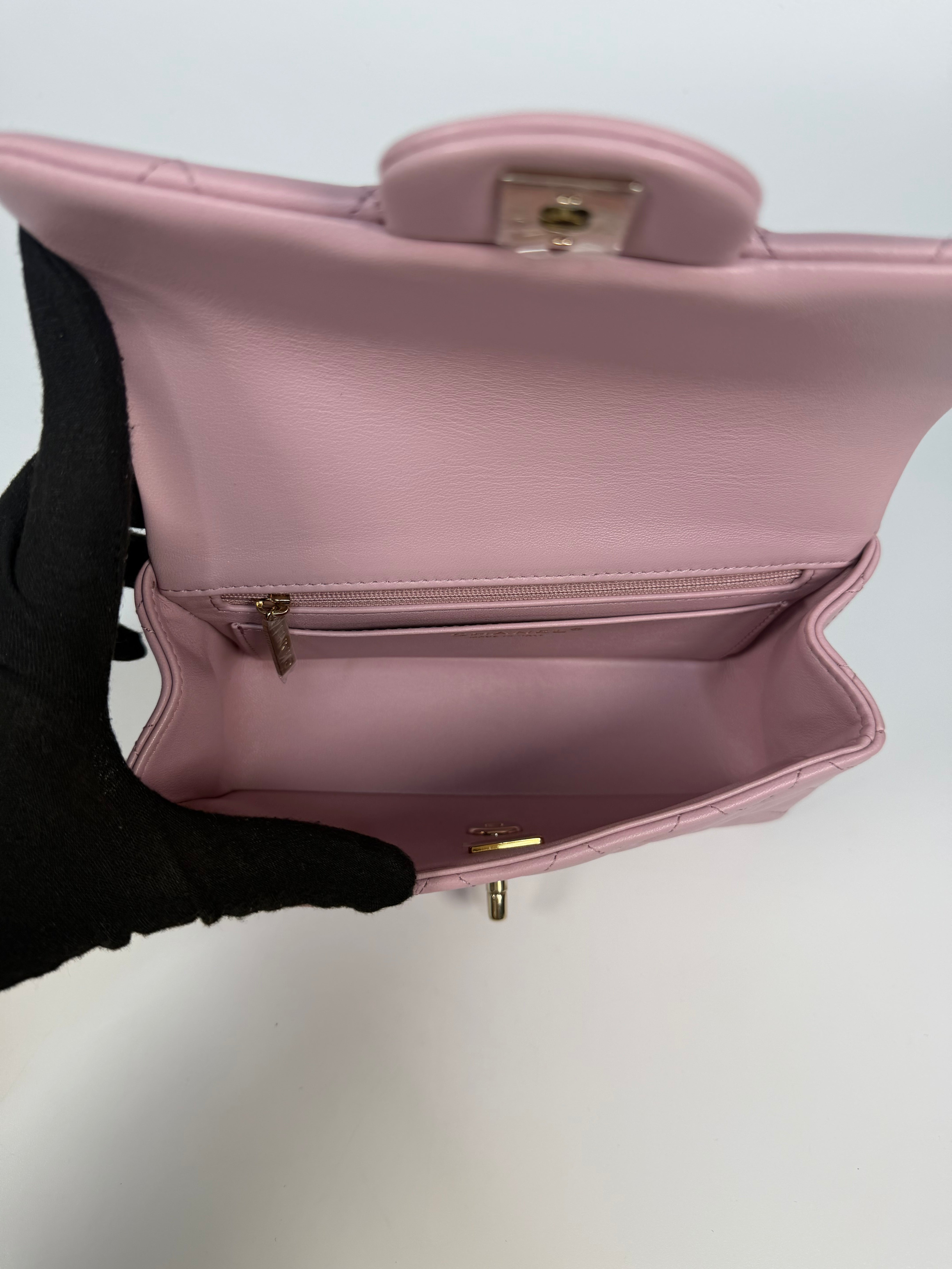 Chanel Mini Rectangle Top Handle In Pink Lambskin Leather With Pale Gold Hardware. 100% authentic and preloved in excellent condition