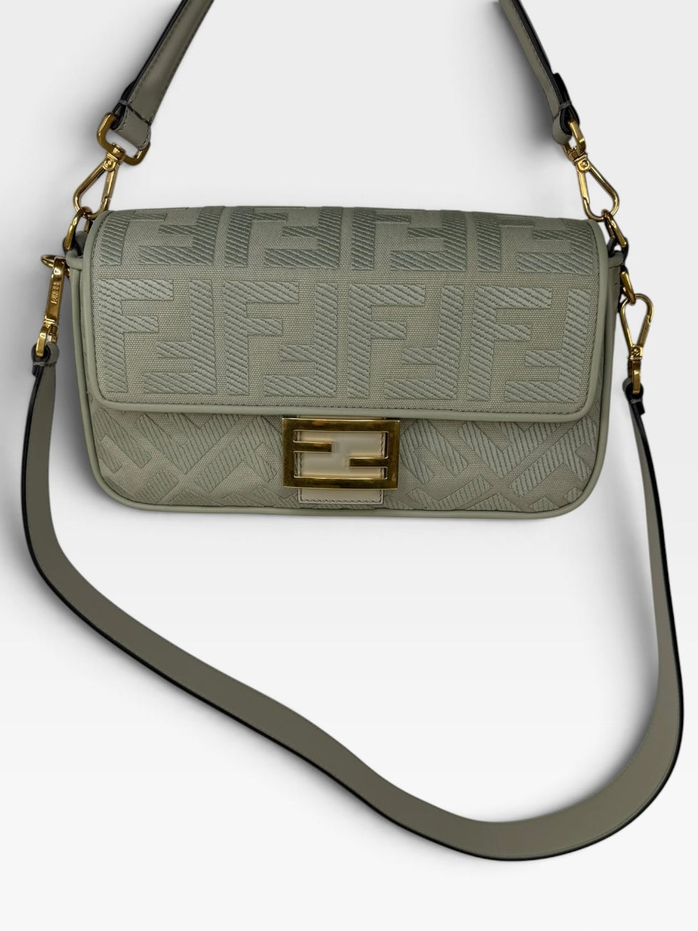 Fendi Baguette In Green Tea FF Monogram Fabric and Canvas With Gold Hardware. 100% authentic and preloved in excellent condition