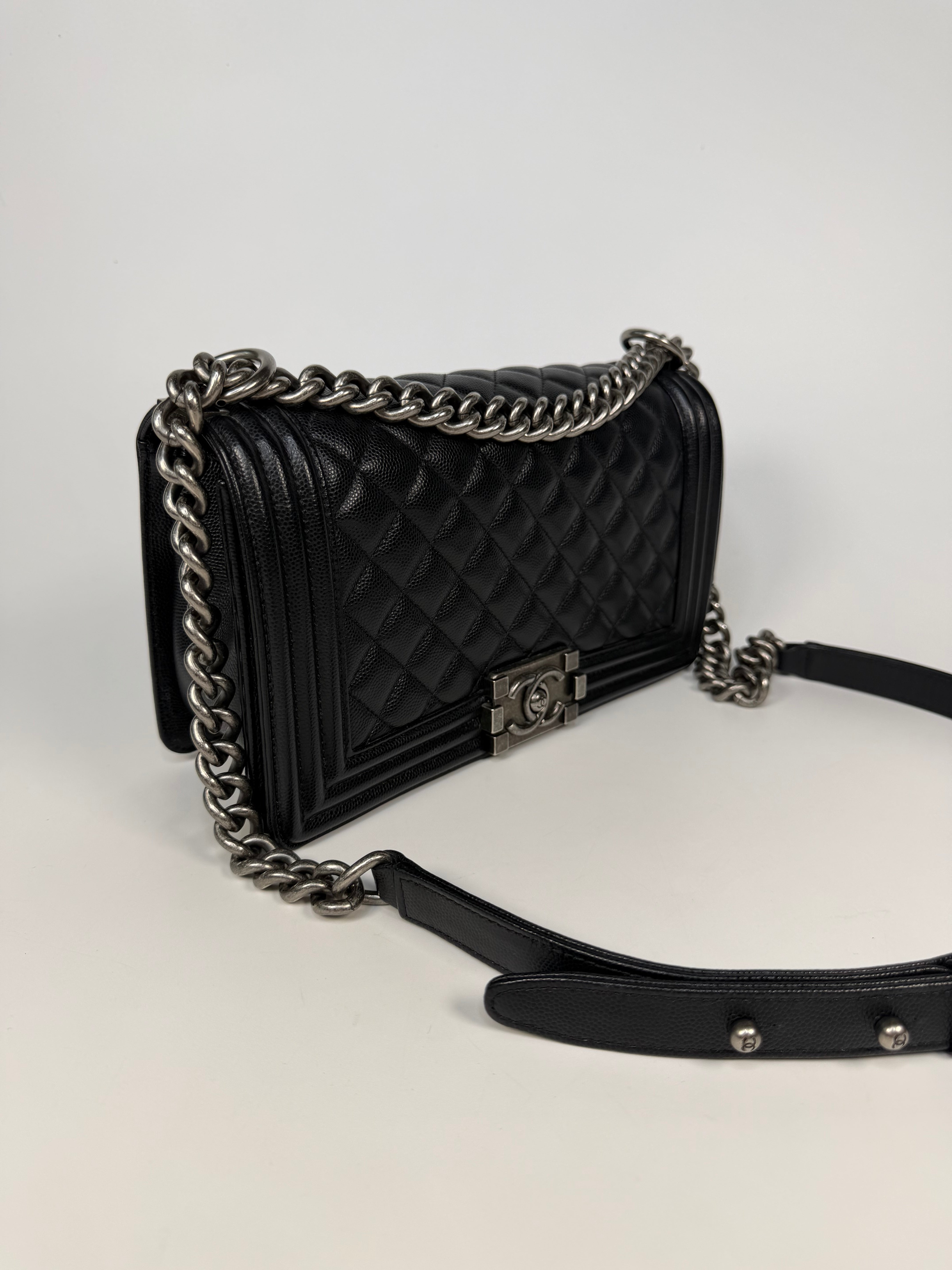 Chanel Medium Boy Bag In Black Caviar With Ruthenium Hardware