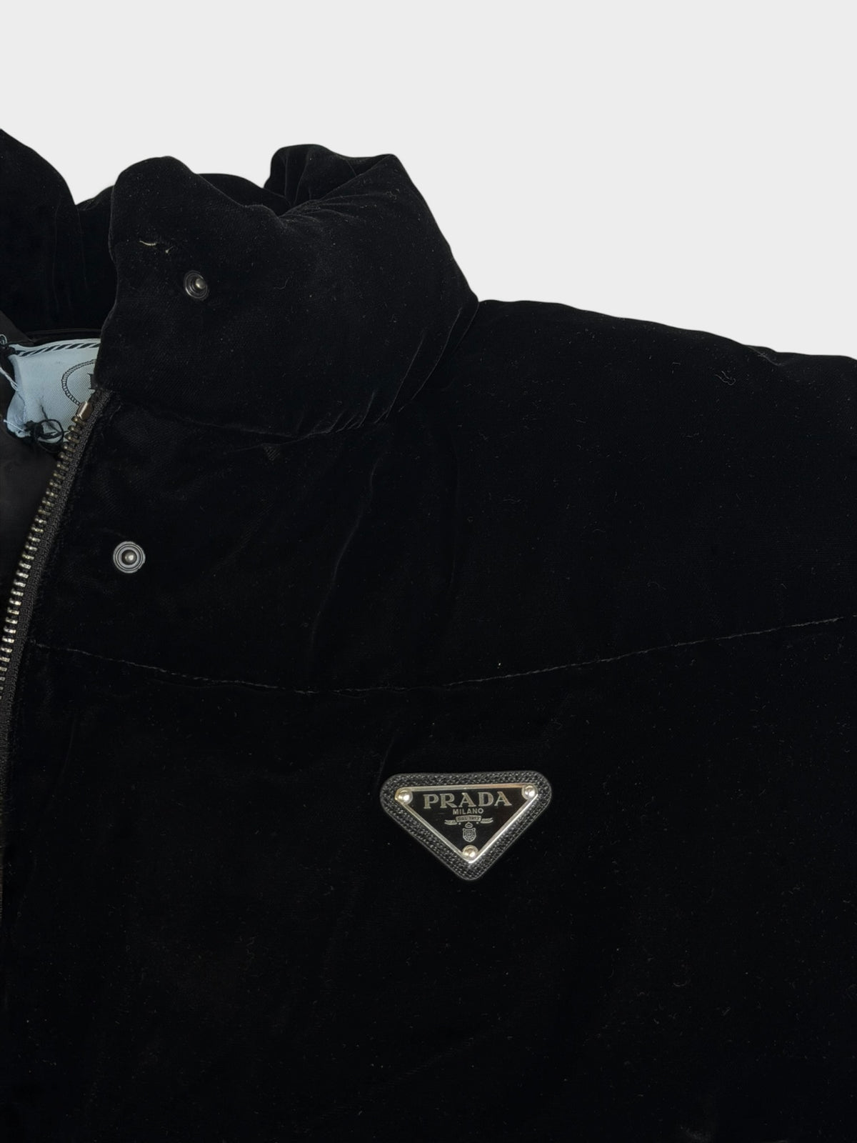 Prada Down-Filled Puffer Jacket In Black Velvet (Size 44/UK 12) 100% authentic and preloved in excellent condition