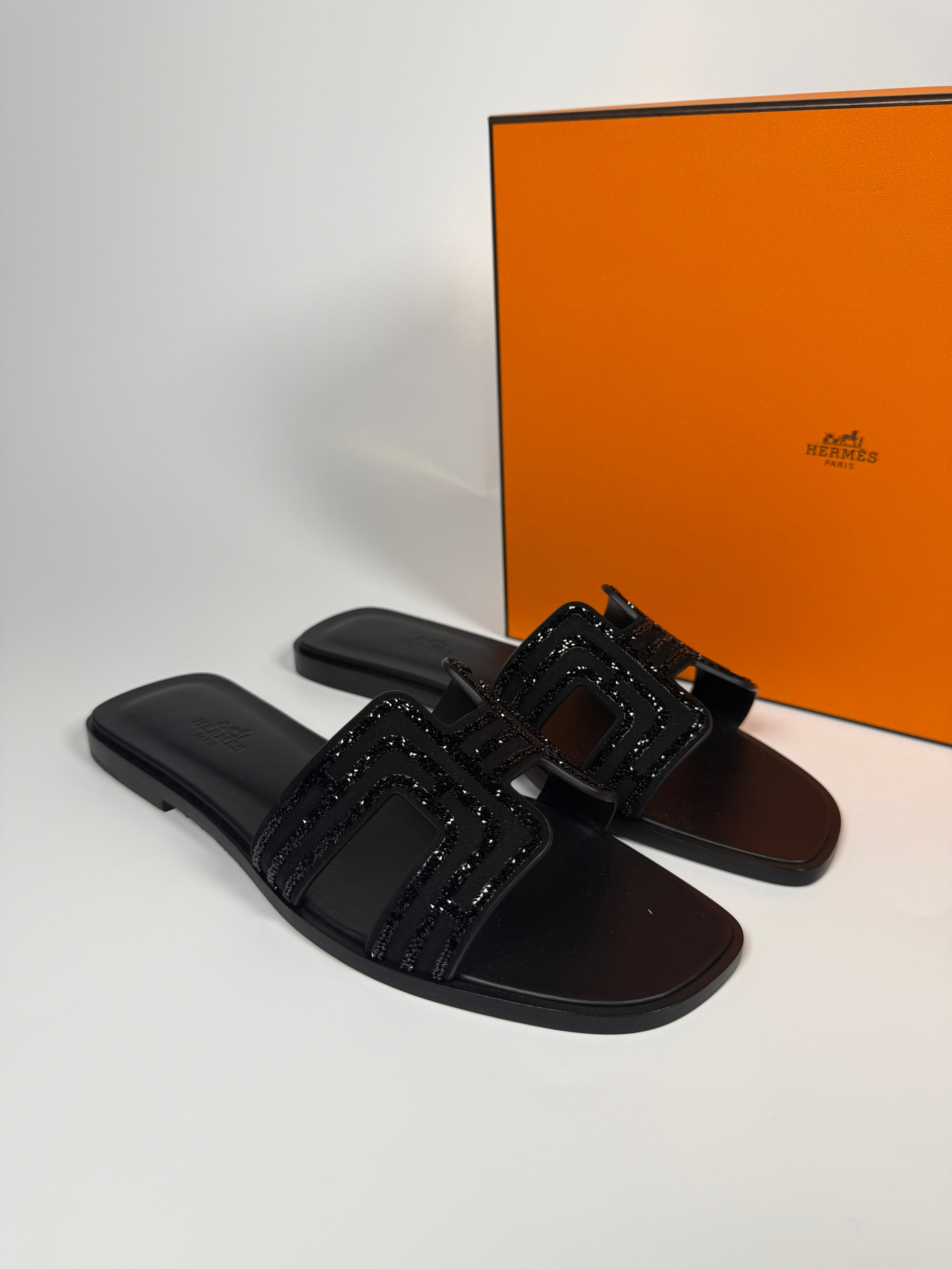 Hermès Oran Black Rhinestone Sandals (Size 38.5/UK5.5) Authentic and preloved. Excellent condition.