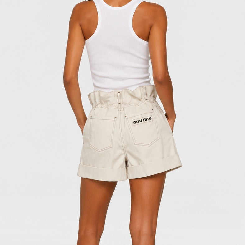 Miu Miu Paperbag Waist Shorts In Cream Denim (Size 38/UK6)