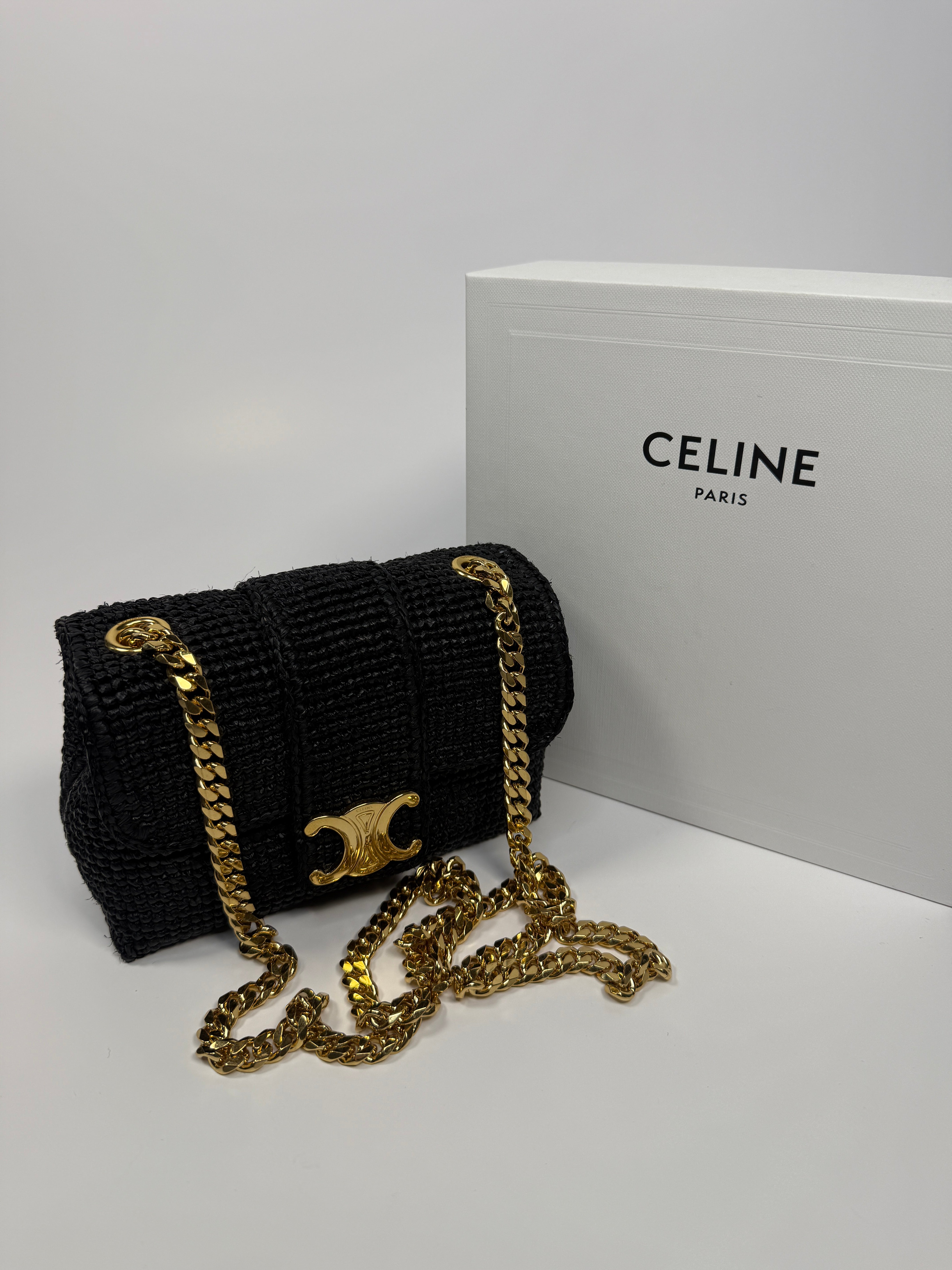 Celine Mini Victoire Bag In Black Raffia With Gold Hardware. Authentic and preloved in excellent condition