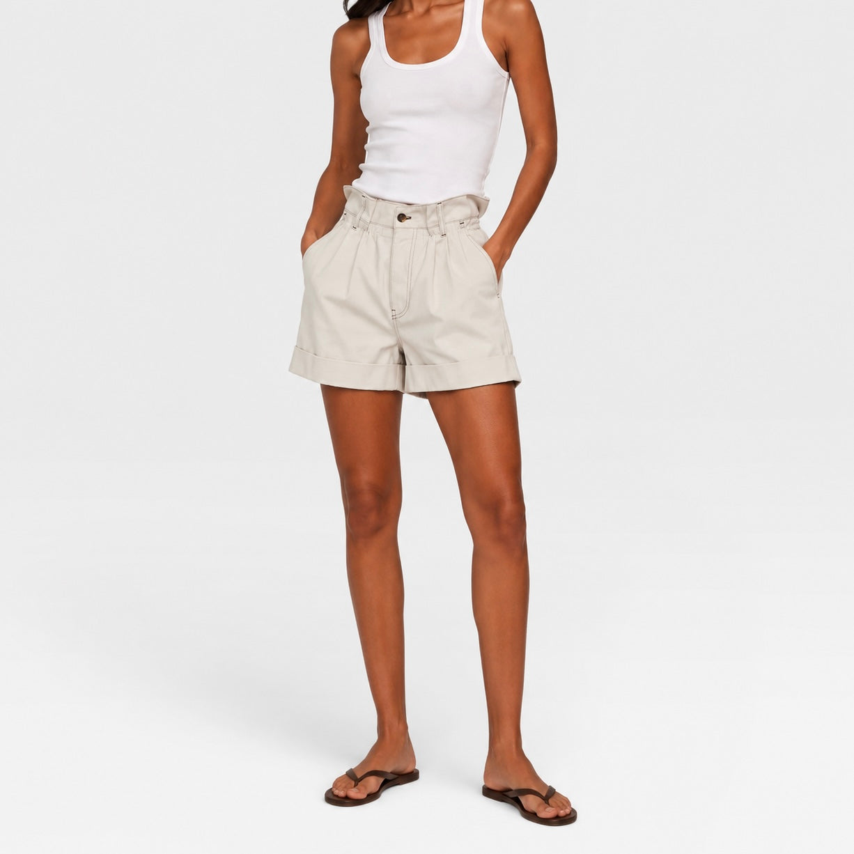 Miu Miu Paperbag Waist Shorts In Cream Denim (Size 38/UK6)