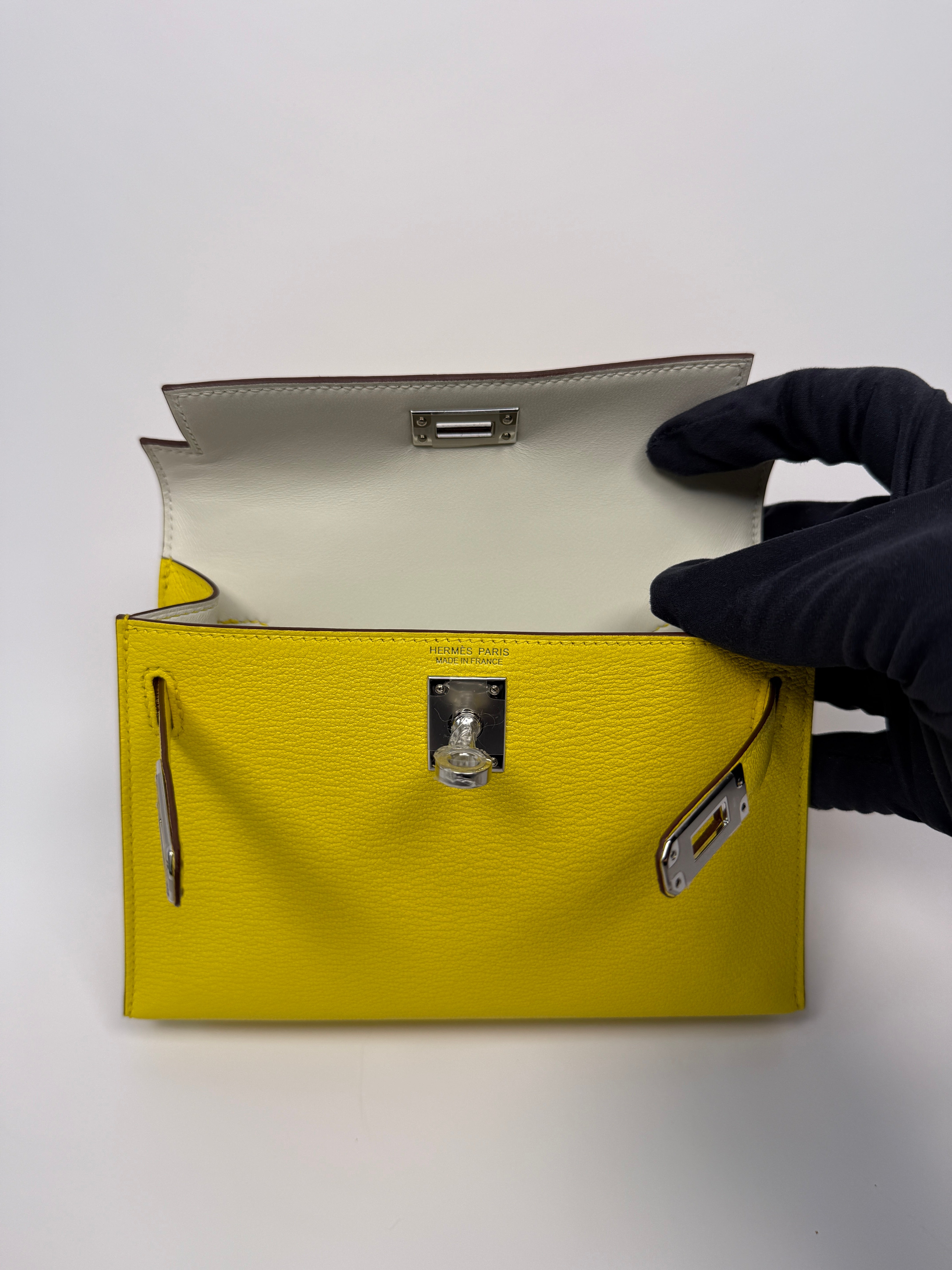 Authentic Pre Loved Hermés Mini Kelly ll Sellier Verso Chèvre Mysore in Jaune Citron and Mushroom With Palladium Hardware New & Unused Condition